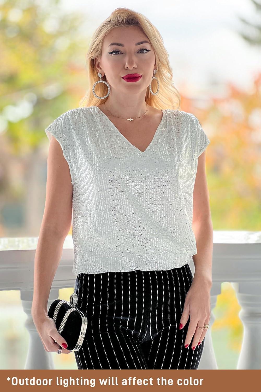 imageGRACE KARIN V Neck Sequin Short Sleeve Tops for Women Elastic Sparkly Tank Top for PartySilver