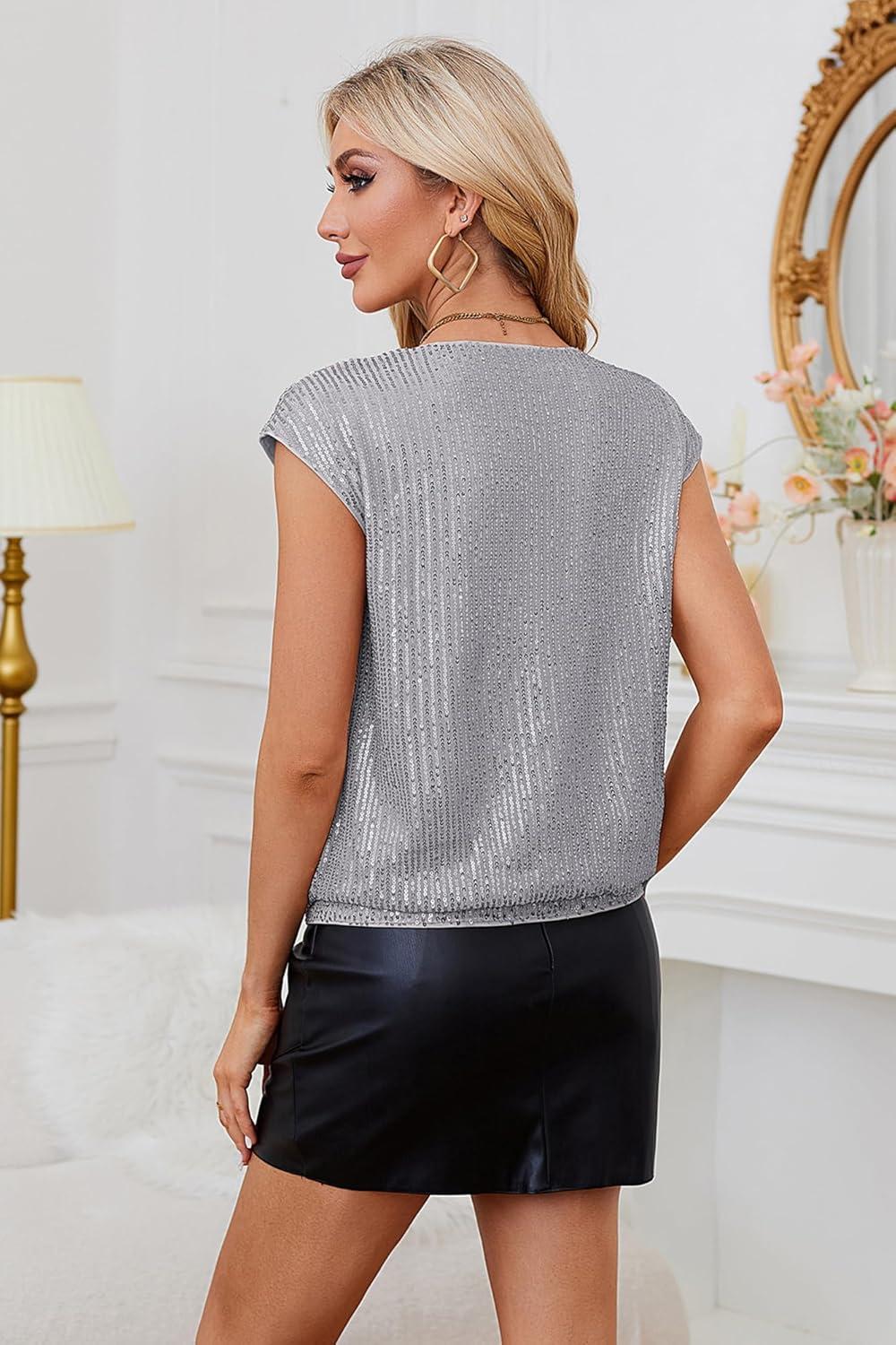 imageGRACE KARIN V Neck Sequin Short Sleeve Tops for Women Elastic Sparkly Tank Top for PartySilver Gray