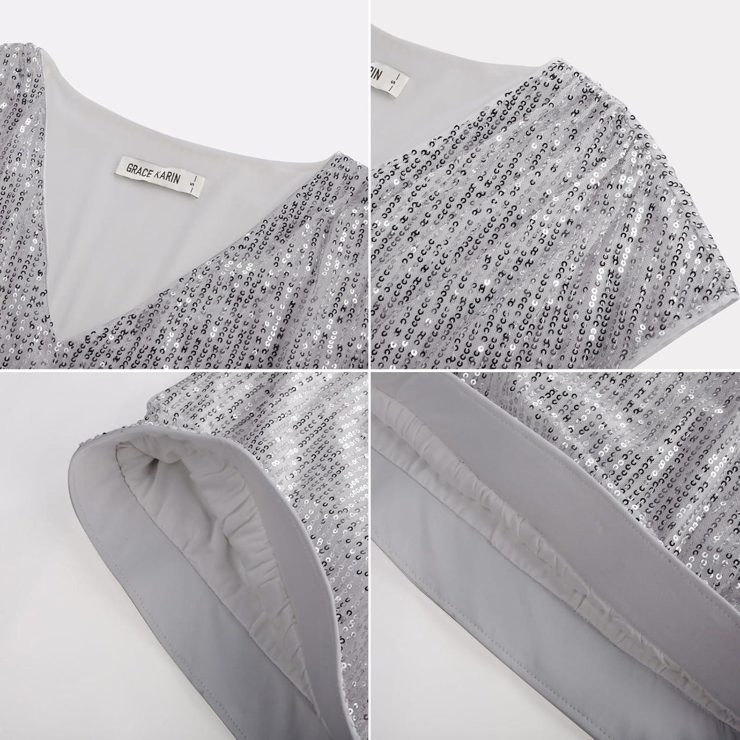 imageGRACE KARIN V Neck Sequin Short Sleeve Tops for Women Elastic Sparkly Tank Top for PartySilver Gray