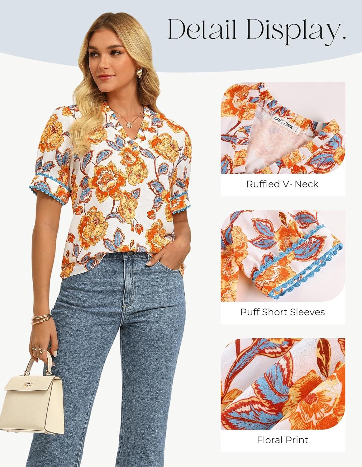 imageGRACE KARIN Women Boho Floral Tops Summer Puff Short Sleeve Dressy Casual Shirts 2026 Spring V Neck Vacation Work BlouseOrange White