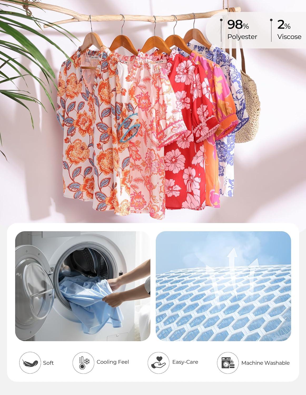 imageGRACE KARIN Women Boho Floral Tops Summer Puff Short Sleeve Dressy Casual Shirts 2026 Spring V Neck Vacation Work BlouseOrange White