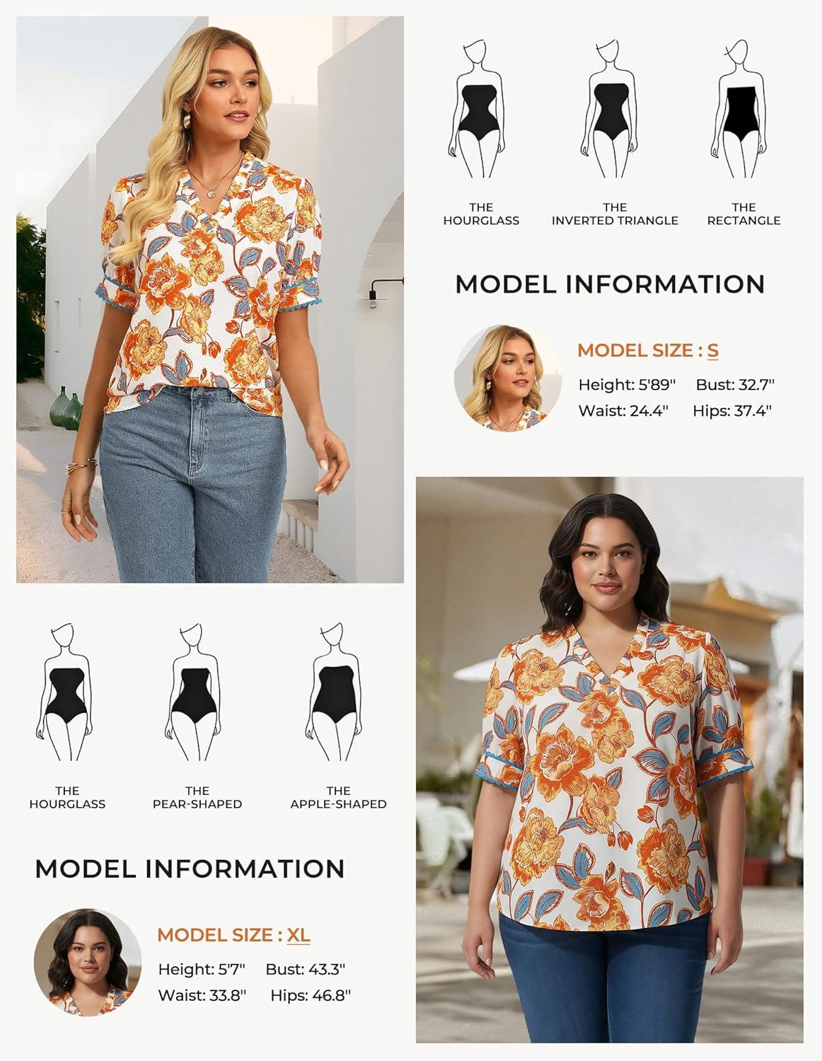 imageGRACE KARIN Women Boho Floral Tops Summer Puff Short Sleeve Dressy Casual Shirts 2026 Spring V Neck Vacation Work BlouseOrange White