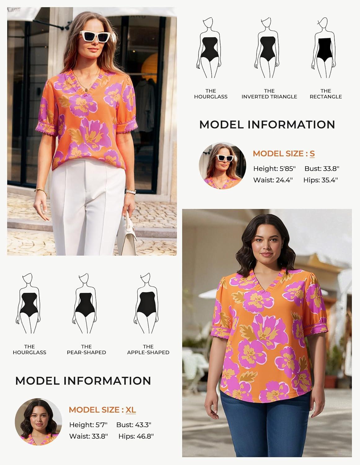imageGRACE KARIN Women Boho Floral Tops Summer Puff Short Sleeve Dressy Casual Shirts 2026 Spring V Neck Vacation Work BlousePink Orange