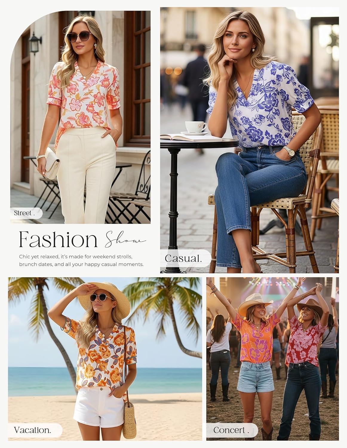 imageGRACE KARIN Women Boho Floral Tops Summer Puff Short Sleeve Dressy Casual Shirts 2026 Spring V Neck Vacation Work BlousePink Orange