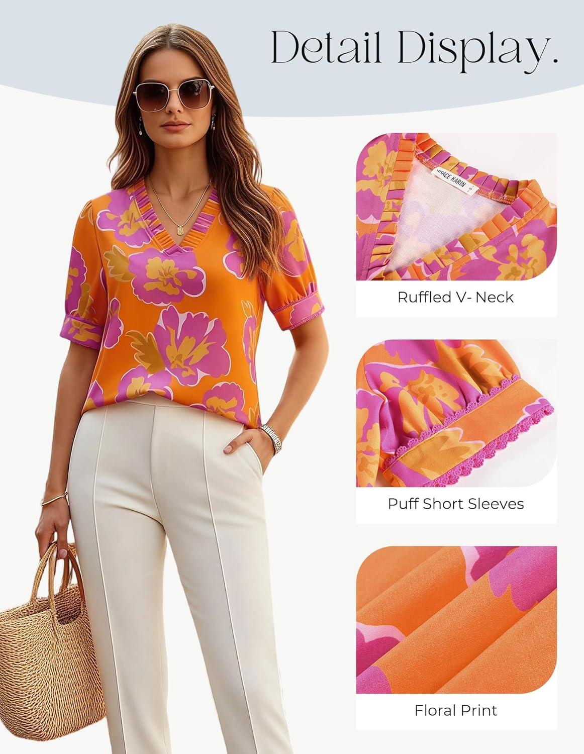 imageGRACE KARIN Women Boho Floral Tops Summer Puff Short Sleeve Dressy Casual Shirts 2026 Spring V Neck Vacation Work BlousePink Orange