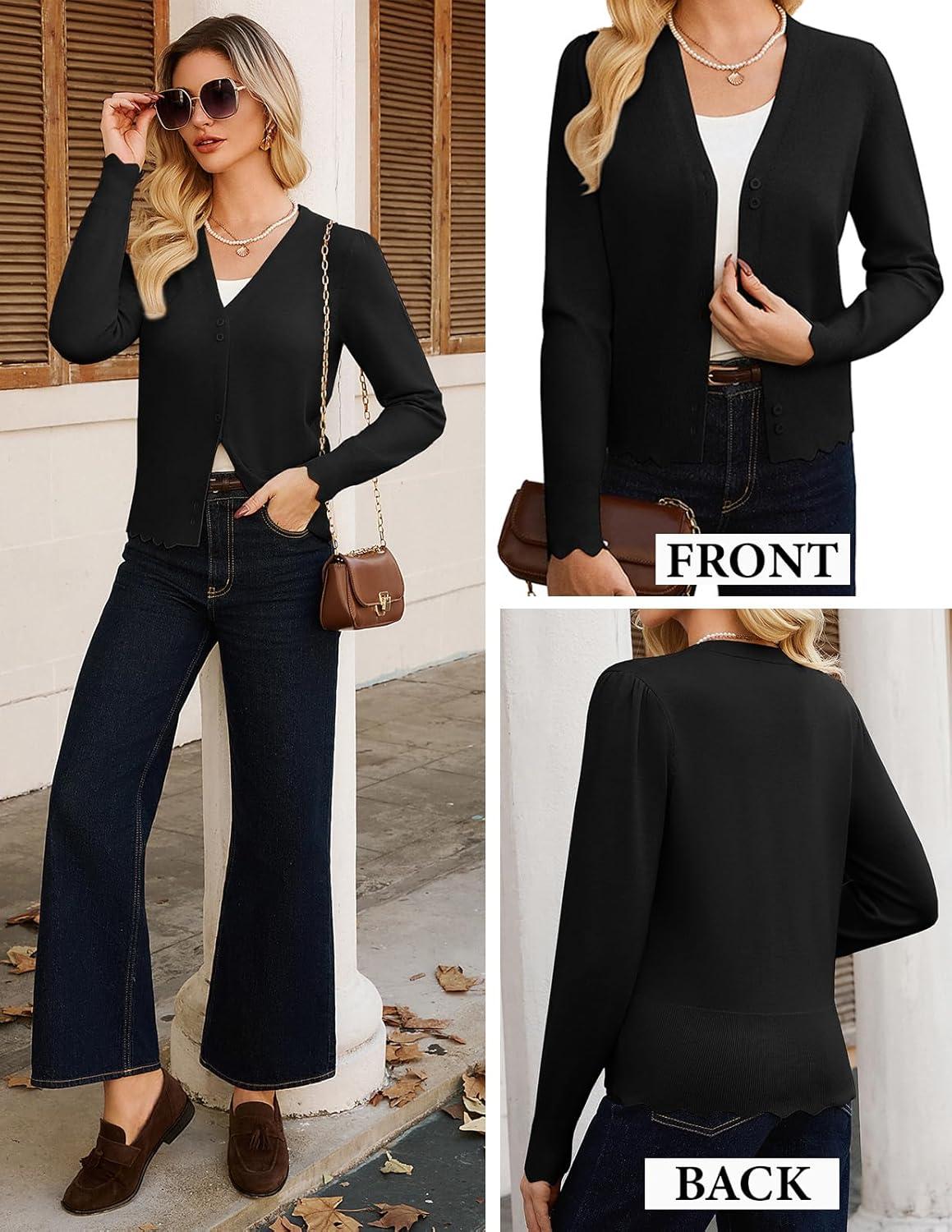 imageGRACE KARIN Women Cropped Cardigan Sweaters Lightweight Long Sleeve Shrug Button Up V Neck Knit Sweater Tops SpringBlack