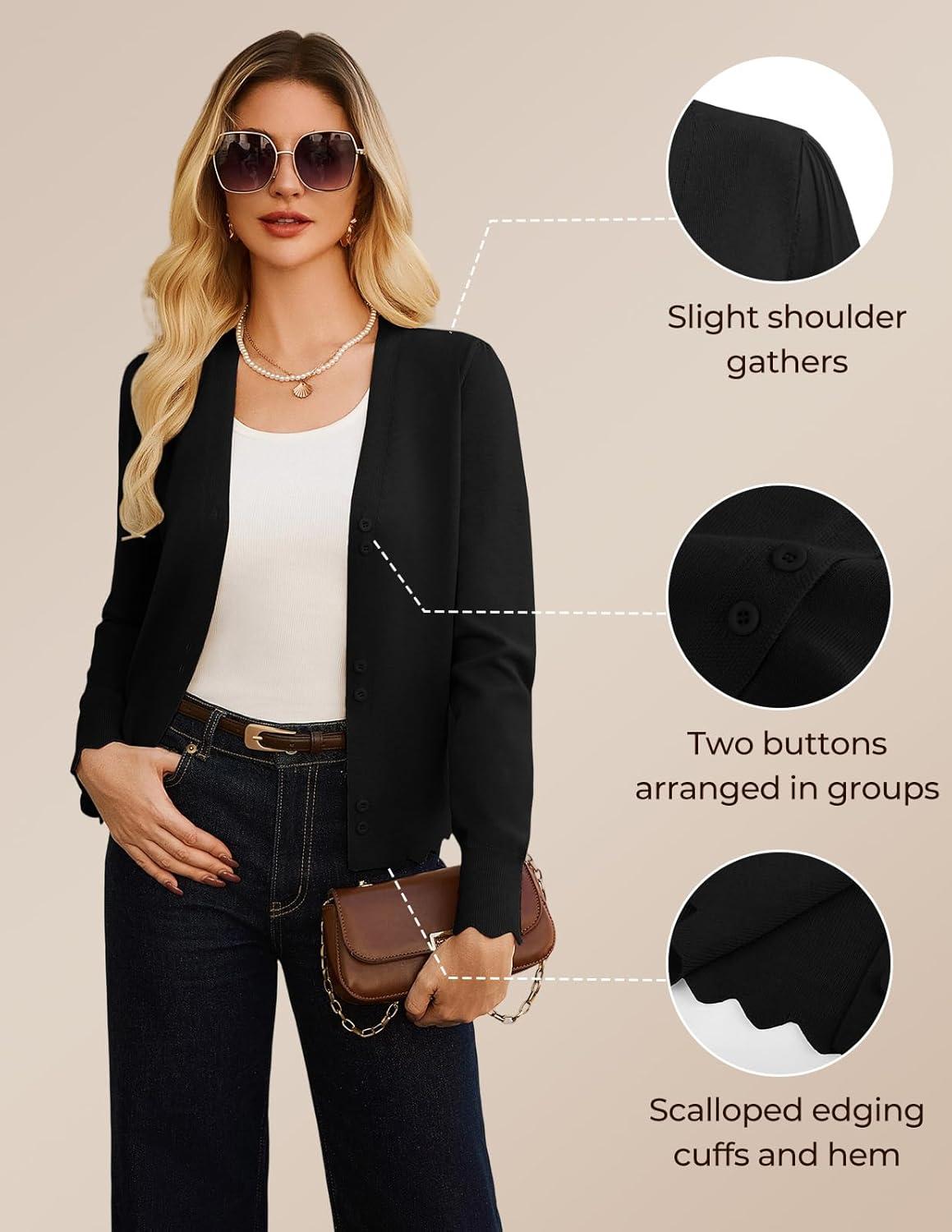 imageGRACE KARIN Women Cropped Cardigan Sweaters Lightweight Long Sleeve Shrug Button Up V Neck Knit Sweater Tops SpringBlack