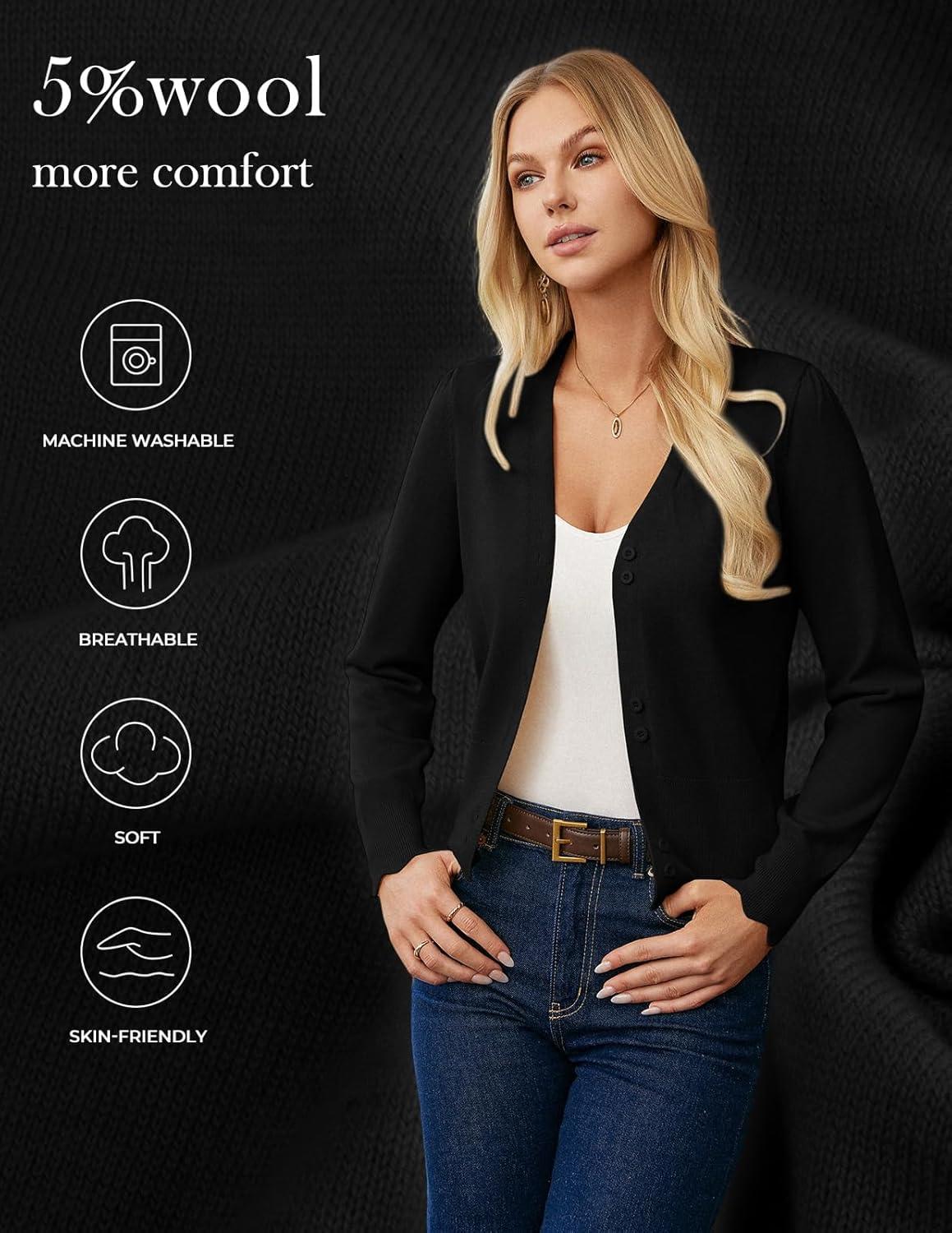 imageGRACE KARIN Women Cropped Cardigan Sweaters Lightweight Long Sleeve Shrug Button Up V Neck Knit Sweater Tops SpringBlack