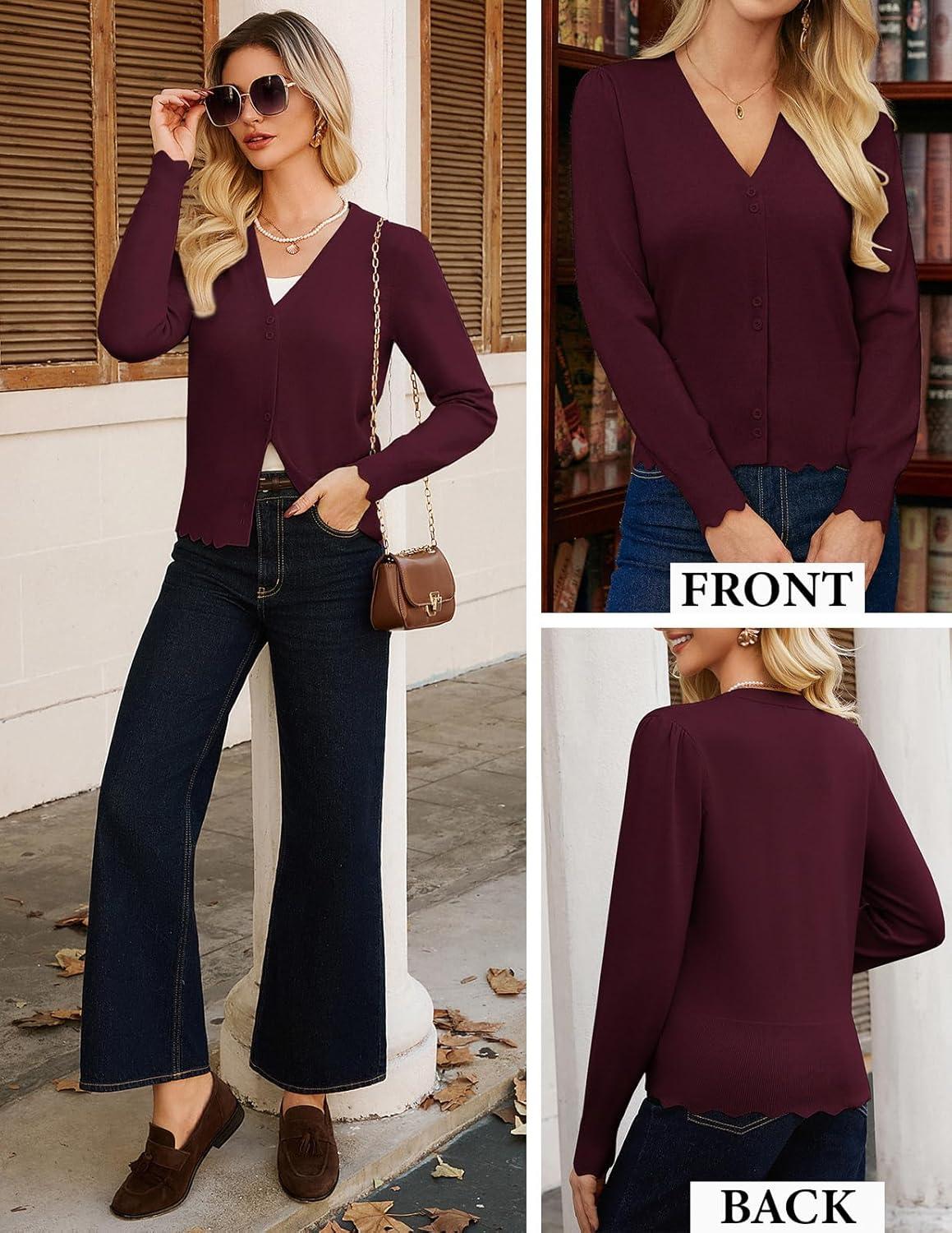 imageGRACE KARIN Women Cropped Cardigan Sweaters Lightweight Long Sleeve Shrug Button Up V Neck Knit Sweater Tops SpringDark Red