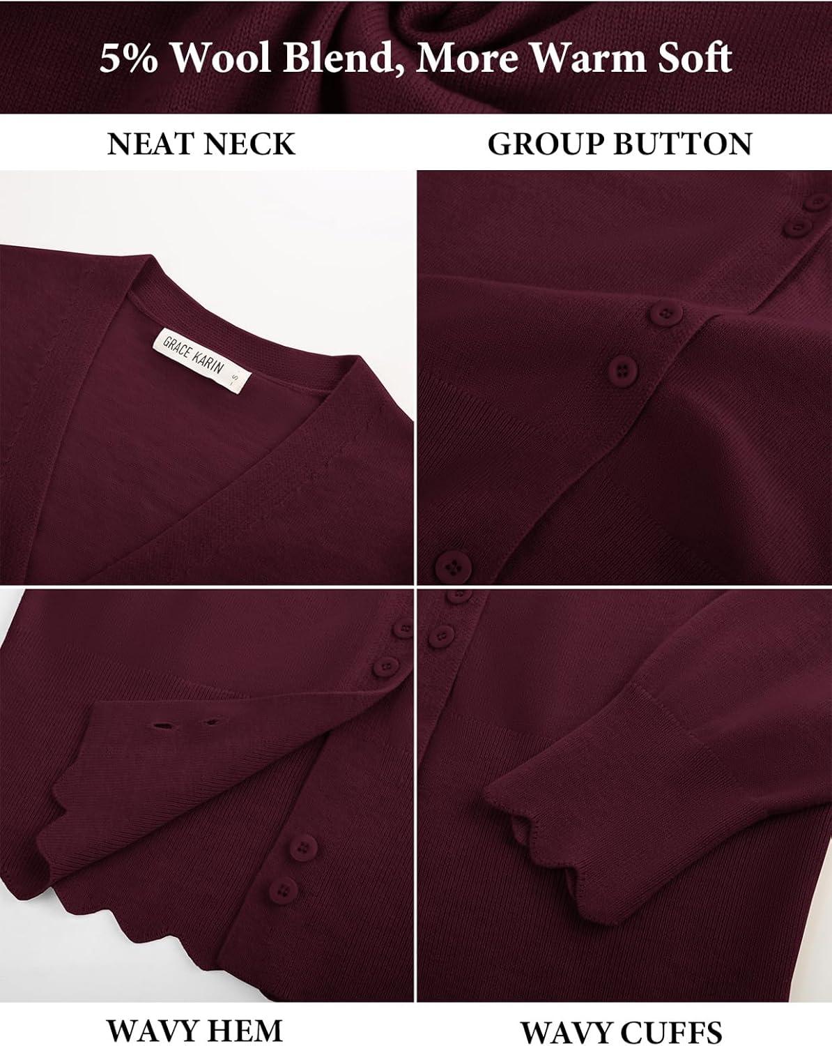 imageGRACE KARIN Women Cropped Cardigan Sweaters Lightweight Long Sleeve Shrug Button Up V Neck Knit Sweater Tops SpringDark Red
