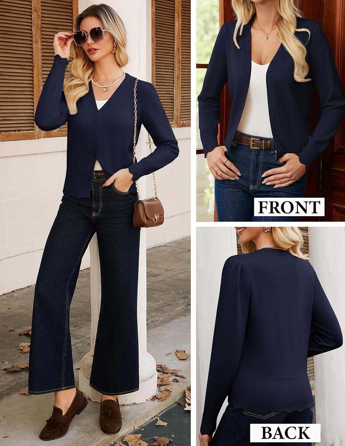 imageGRACE KARIN Women Cropped Cardigan Sweaters Lightweight Long Sleeve Shrug Button Up V Neck Knit Sweater Tops SpringNavy Blue