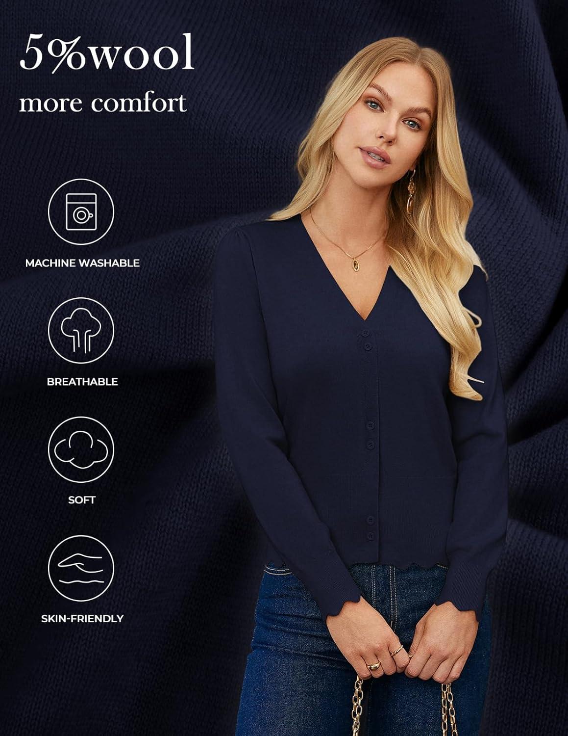 imageGRACE KARIN Women Cropped Cardigan Sweaters Lightweight Long Sleeve Shrug Button Up V Neck Knit Sweater Tops SpringNavy Blue