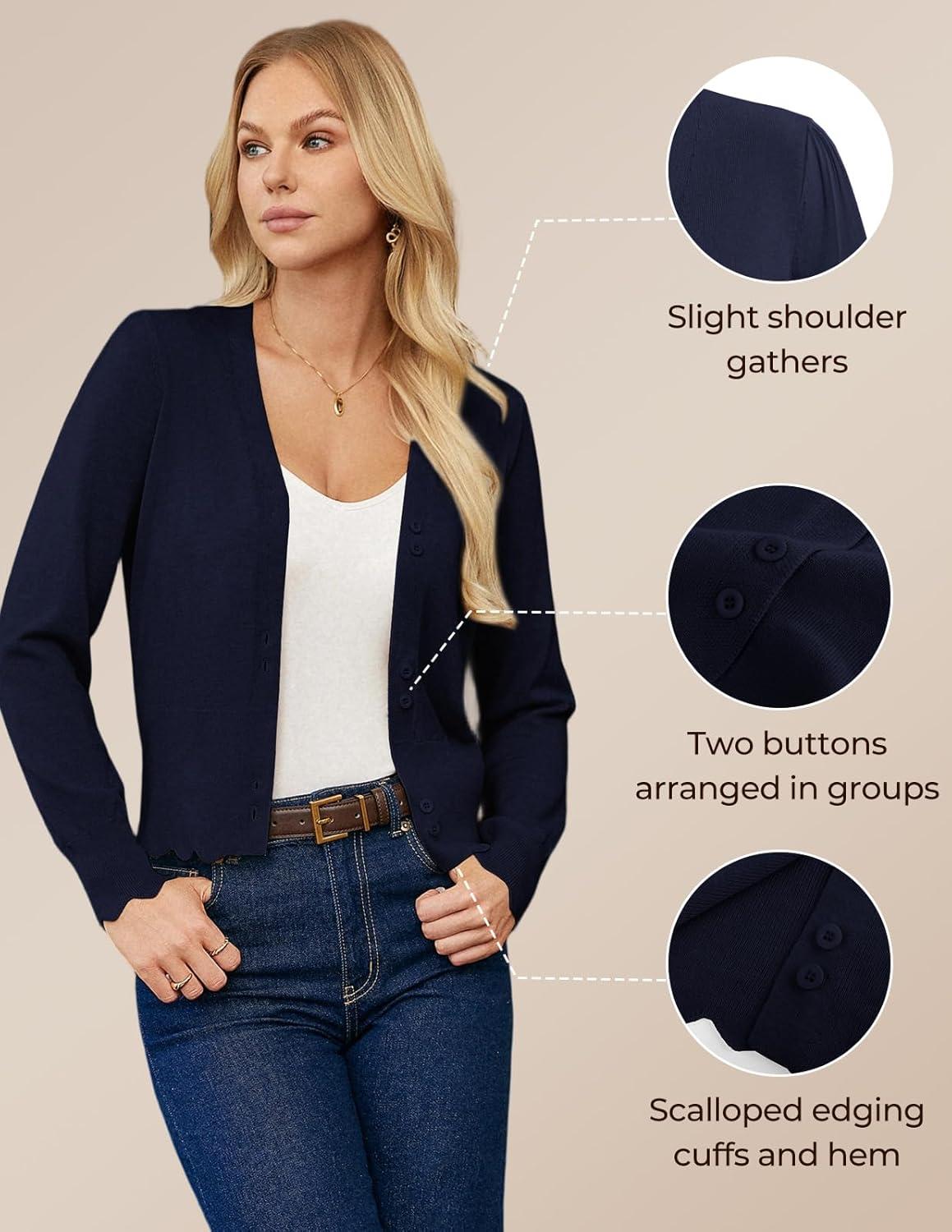 imageGRACE KARIN Women Cropped Cardigan Sweaters Lightweight Long Sleeve Shrug Button Up V Neck Knit Sweater Tops SpringNavy Blue