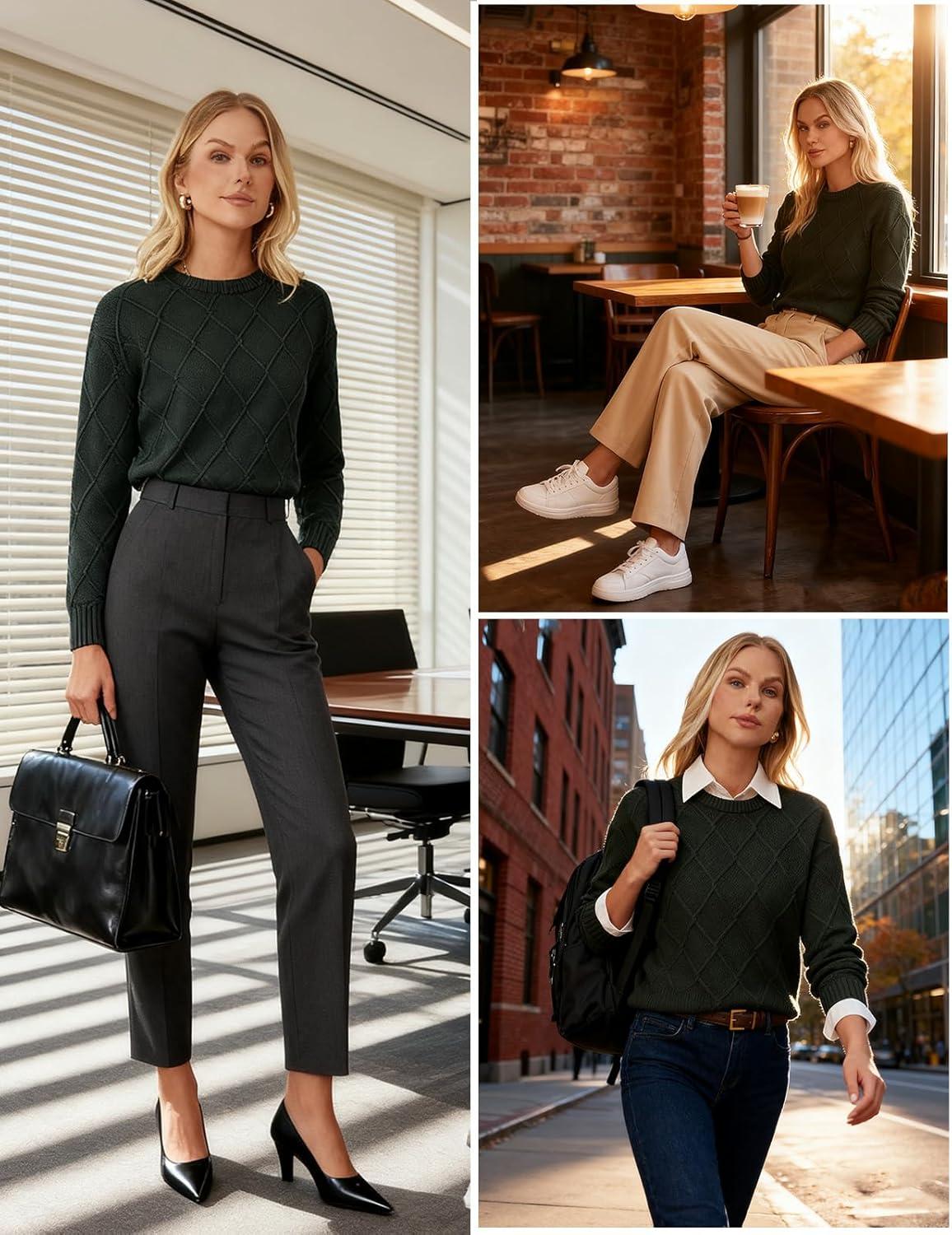 imageGRACE KARIN Women Fall Long Sleeve Crew Neck Sweaters 2025 Fashion Knit Trendy Pullover Top Cable Stretchy Winter ClothesArmy Green