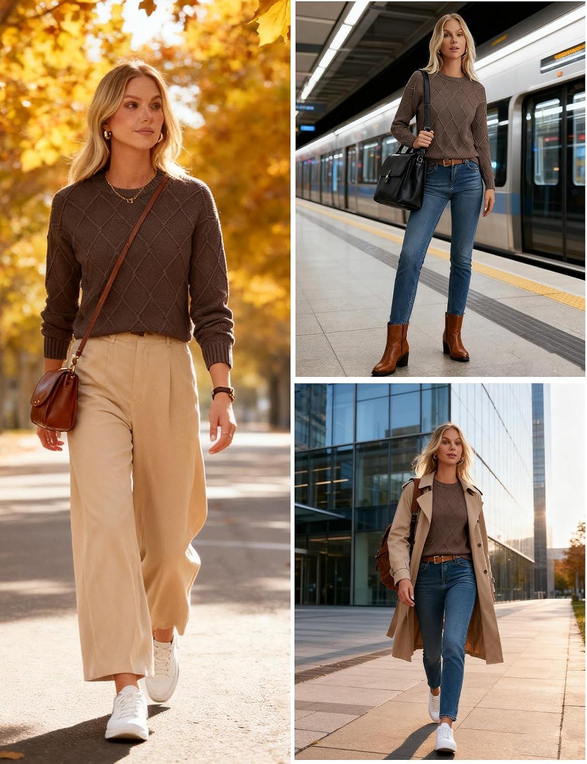 imageGRACE KARIN Women Fall Long Sleeve Crew Neck Sweaters 2025 Fashion Knit Trendy Pullover Top Cable Stretchy Winter ClothesCoffee