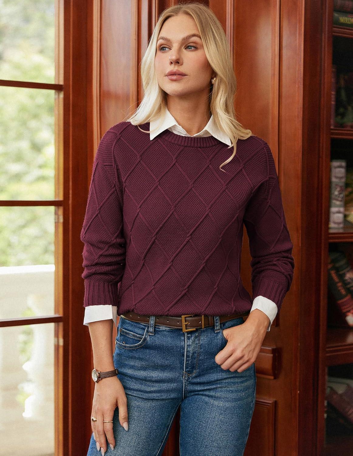 imageGRACE KARIN Women Fall Long Sleeve Crew Neck Sweaters 2025 Fashion Knit Trendy Pullover Top Cable Stretchy Winter ClothesWine