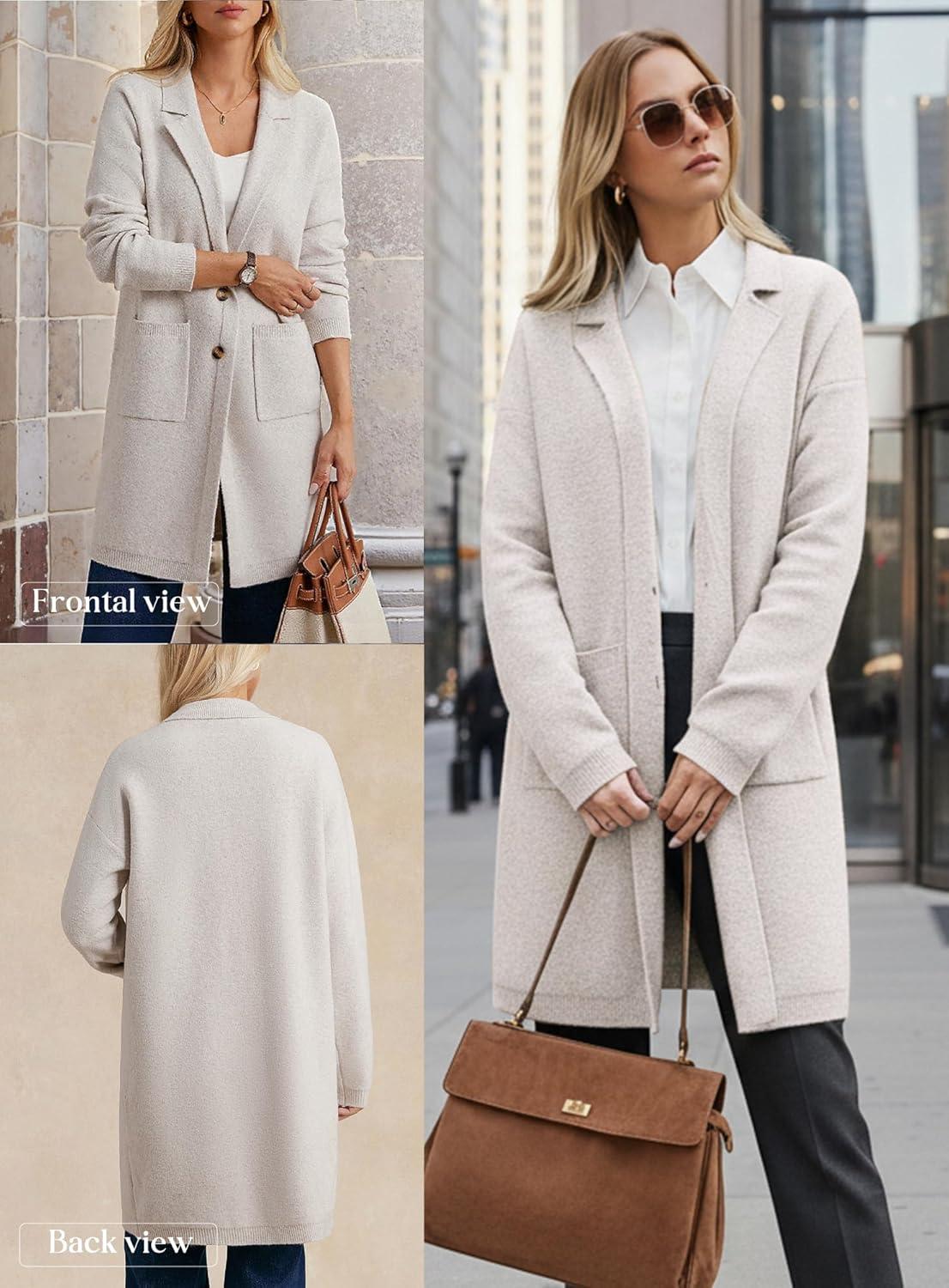 imageGRACE KARIN Women Long Sweater Blazers 2025 Open Front Knit Cardigan Dressy Soft Lapel Jacket with PocketsBeige