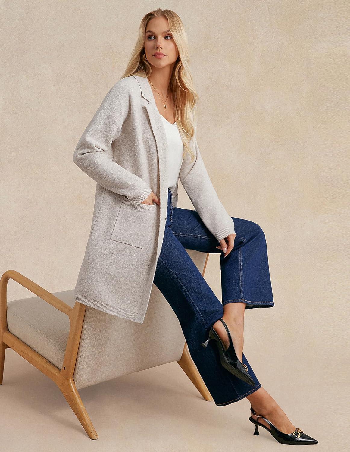 imageGRACE KARIN Women Long Sweater Blazers 2025 Open Front Knit Cardigan Dressy Soft Lapel Jacket with PocketsBeige