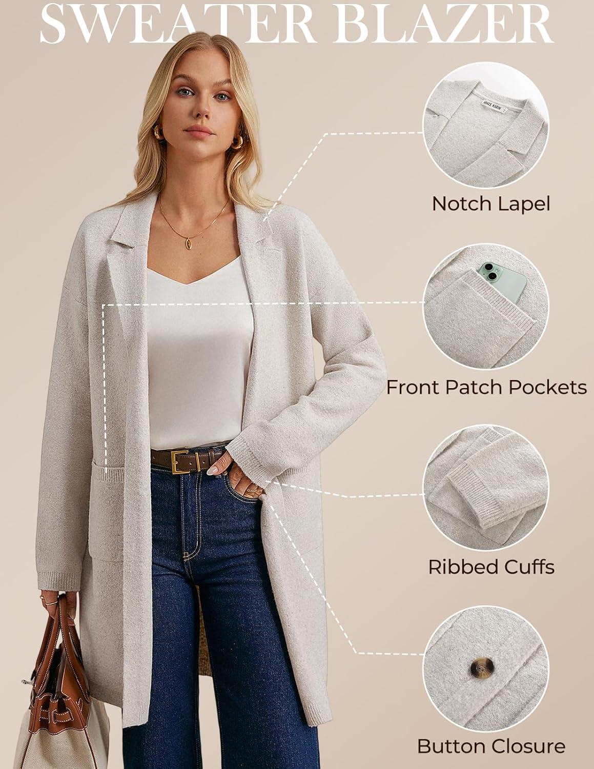 imageGRACE KARIN Women Long Sweater Blazers 2025 Open Front Knit Cardigan Dressy Soft Lapel Jacket with PocketsBeige
