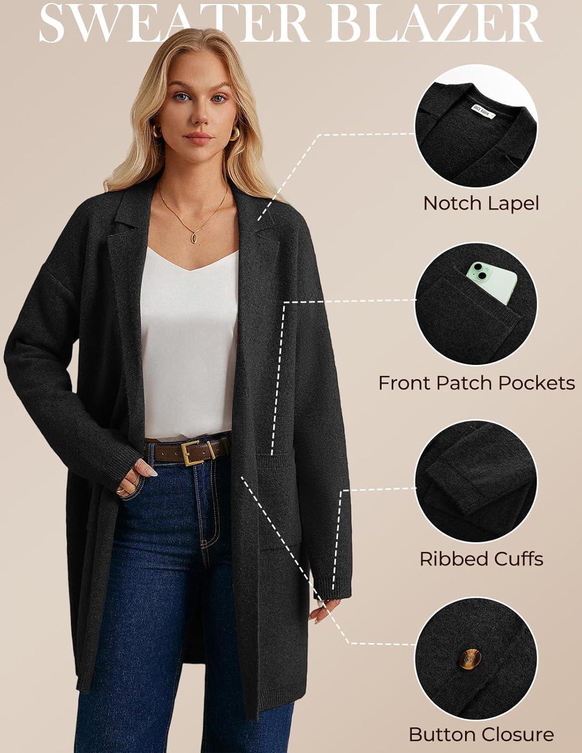 imageGRACE KARIN Women Long Sweater Blazers 2025 Open Front Knit Cardigan Dressy Soft Lapel Jacket with PocketsBlack