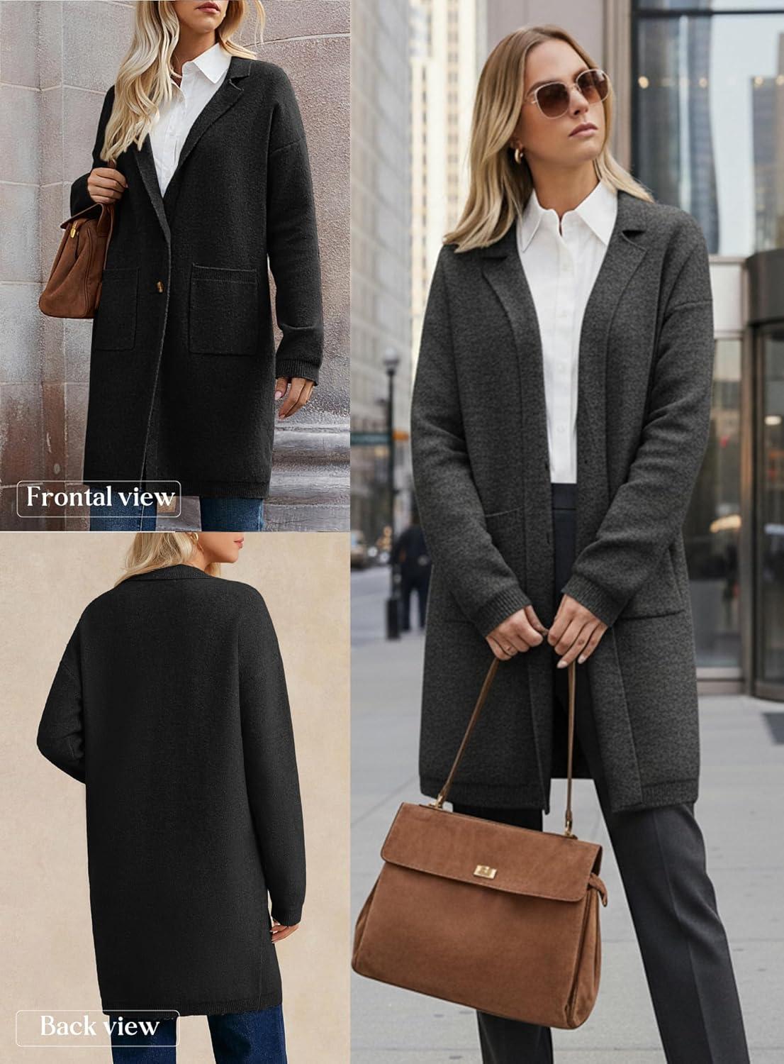 imageGRACE KARIN Women Long Sweater Blazers 2025 Open Front Knit Cardigan Dressy Soft Lapel Jacket with PocketsBlack