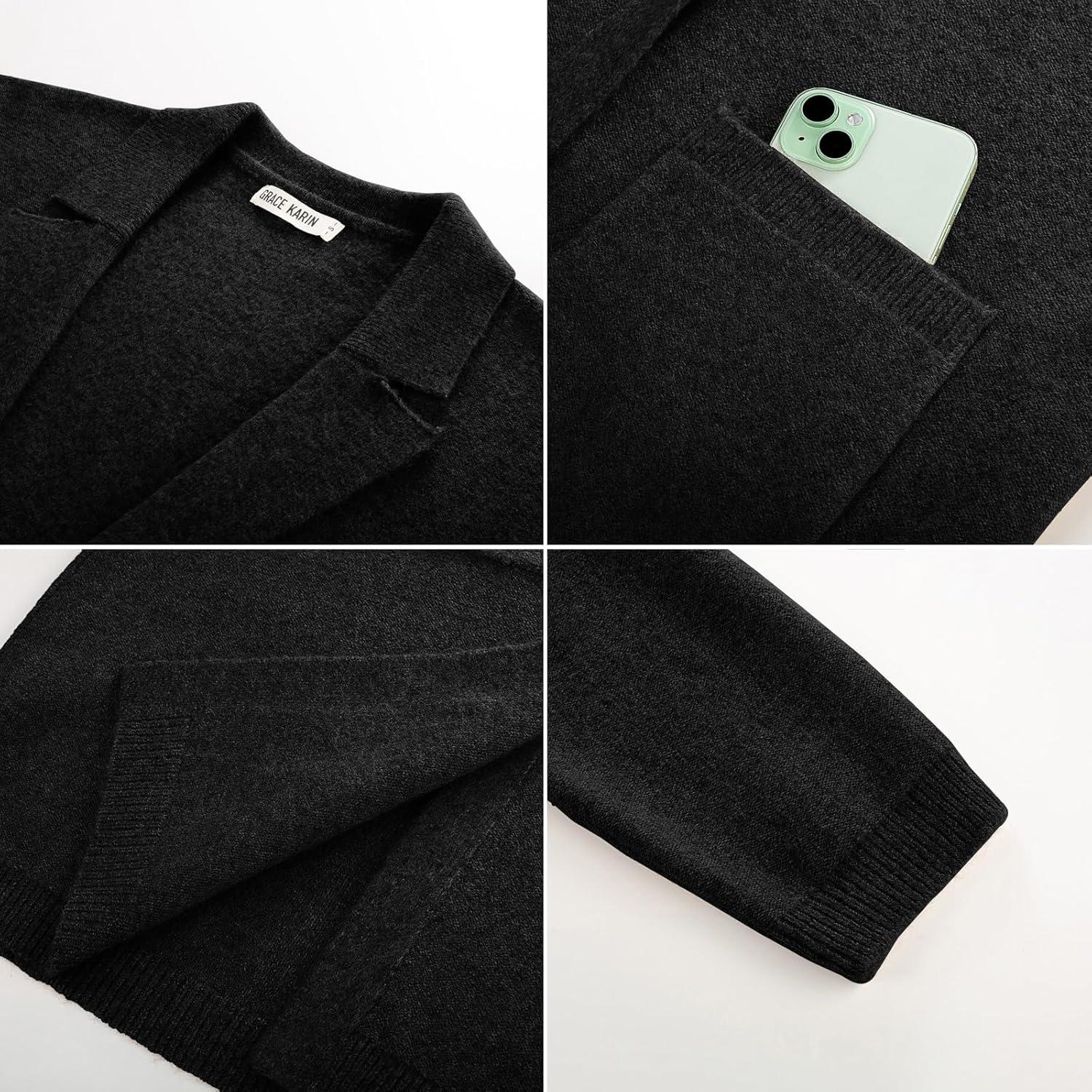 imageGRACE KARIN Women Long Sweater Blazers 2025 Open Front Knit Cardigan Dressy Soft Lapel Jacket with PocketsBlack