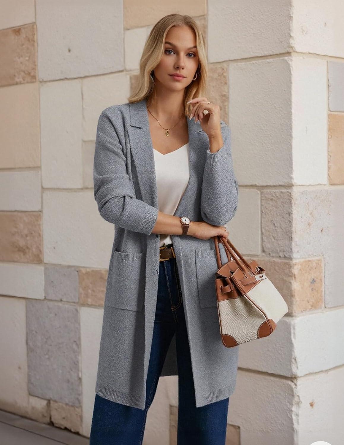 imageGRACE KARIN Women Long Sweater Blazers 2025 Open Front Knit Cardigan Dressy Soft Lapel Jacket with PocketsGrey