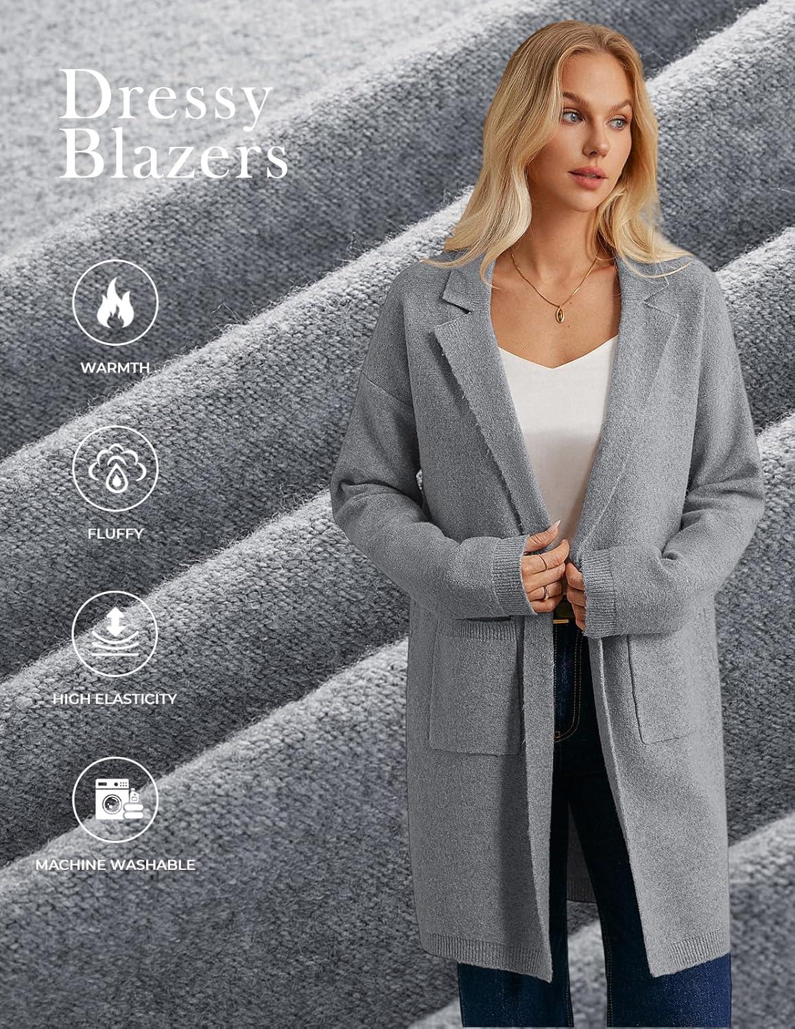 imageGRACE KARIN Women Long Sweater Blazers 2025 Open Front Knit Cardigan Dressy Soft Lapel Jacket with PocketsGrey