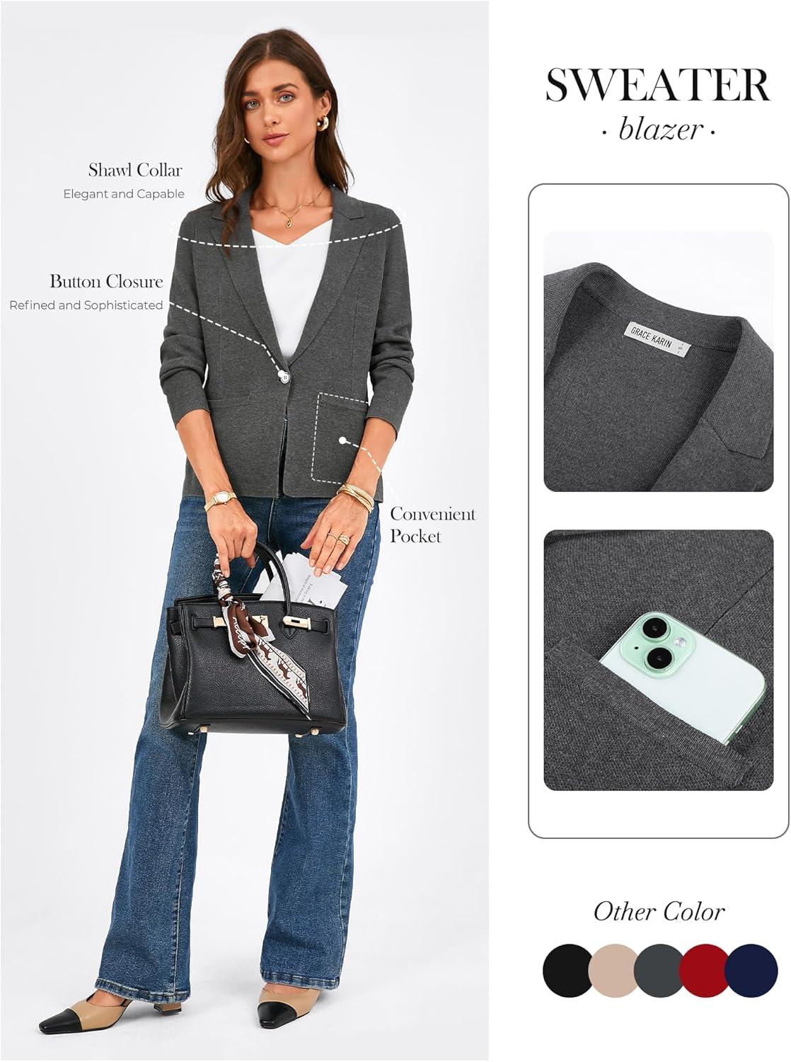imageGRACE KARIN Women Sweater Blazer Business Casual 2026 Knit Suit Jackets Long Sleeve Lightweight Cardigan Work Office