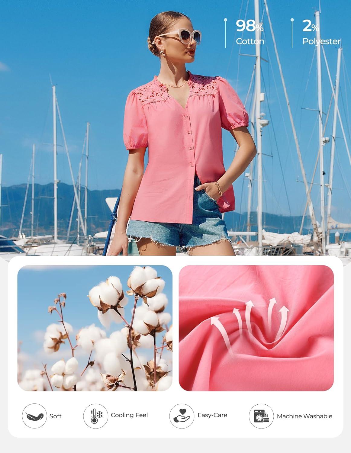 imageGRACE KARIN Womens 2026 Summer Casual Tops Dressy Short Sleeve Lace Shirts V Neck Button Down Work Blouses Outfits ShirtPink