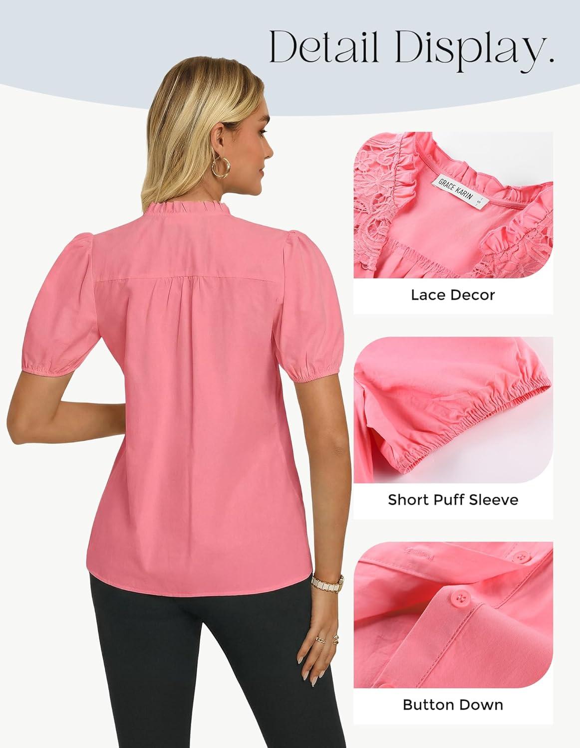 imageGRACE KARIN Womens 2026 Summer Casual Tops Dressy Short Sleeve Lace Shirts V Neck Button Down Work Blouses Outfits ShirtPink