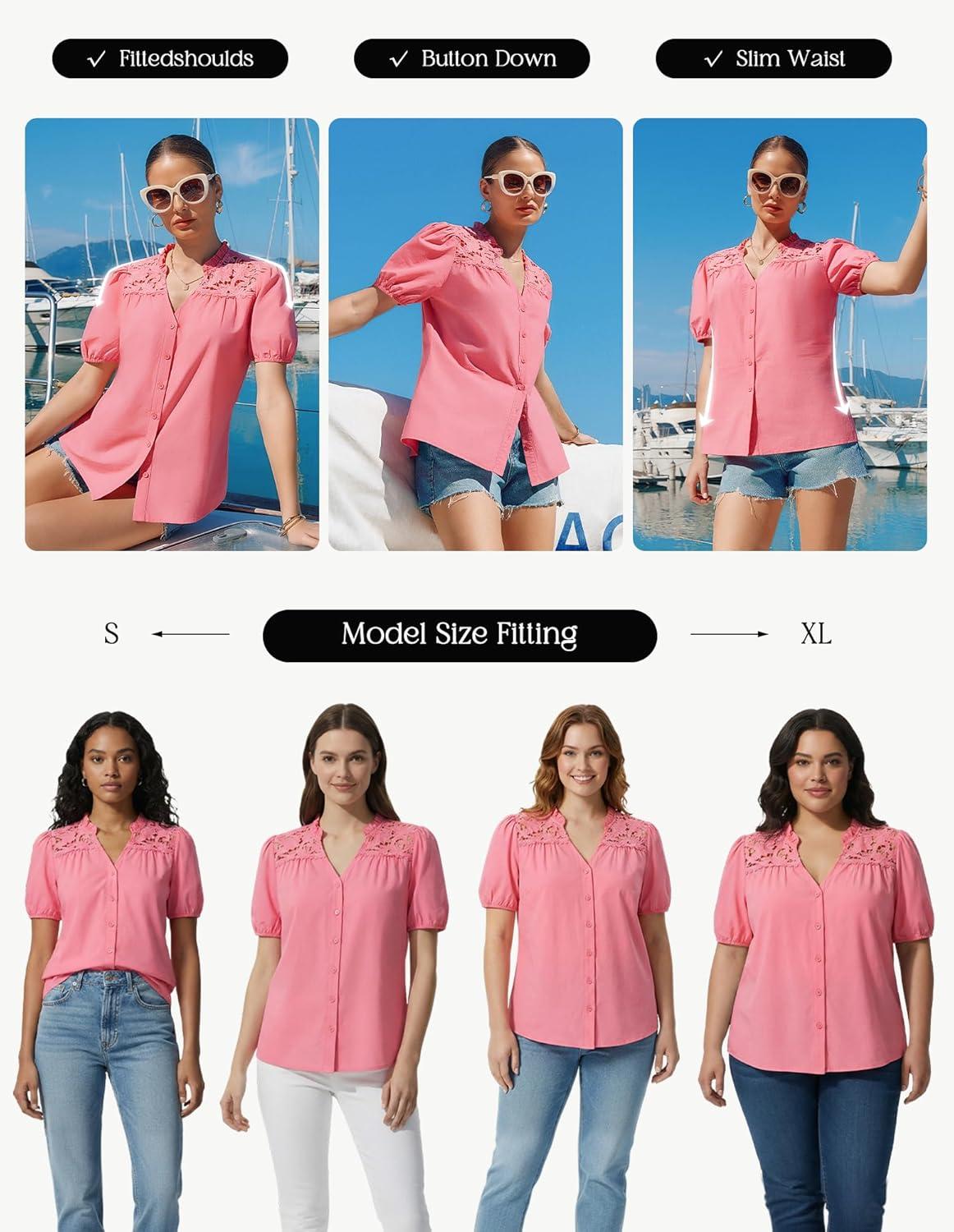 imageGRACE KARIN Womens 2026 Summer Casual Tops Dressy Short Sleeve Lace Shirts V Neck Button Down Work Blouses Outfits ShirtPink