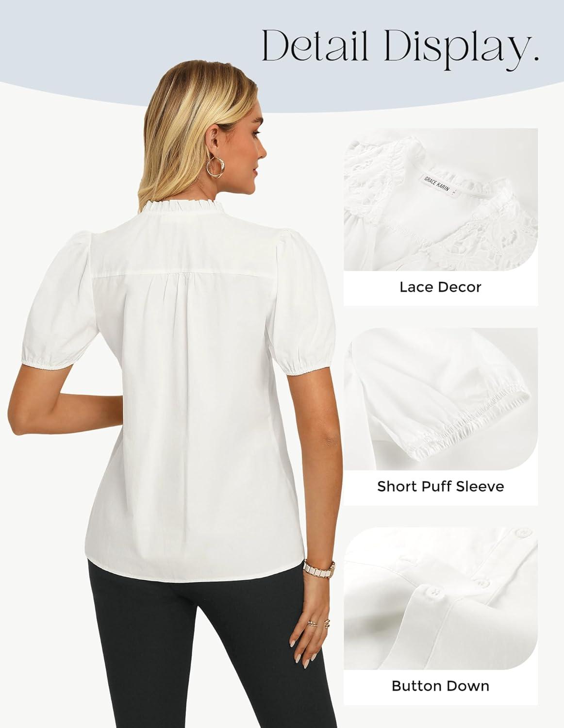 imageGRACE KARIN Womens 2026 Summer Casual Tops Dressy Short Sleeve Lace Shirts V Neck Button Down Work Blouses Outfits ShirtWhite