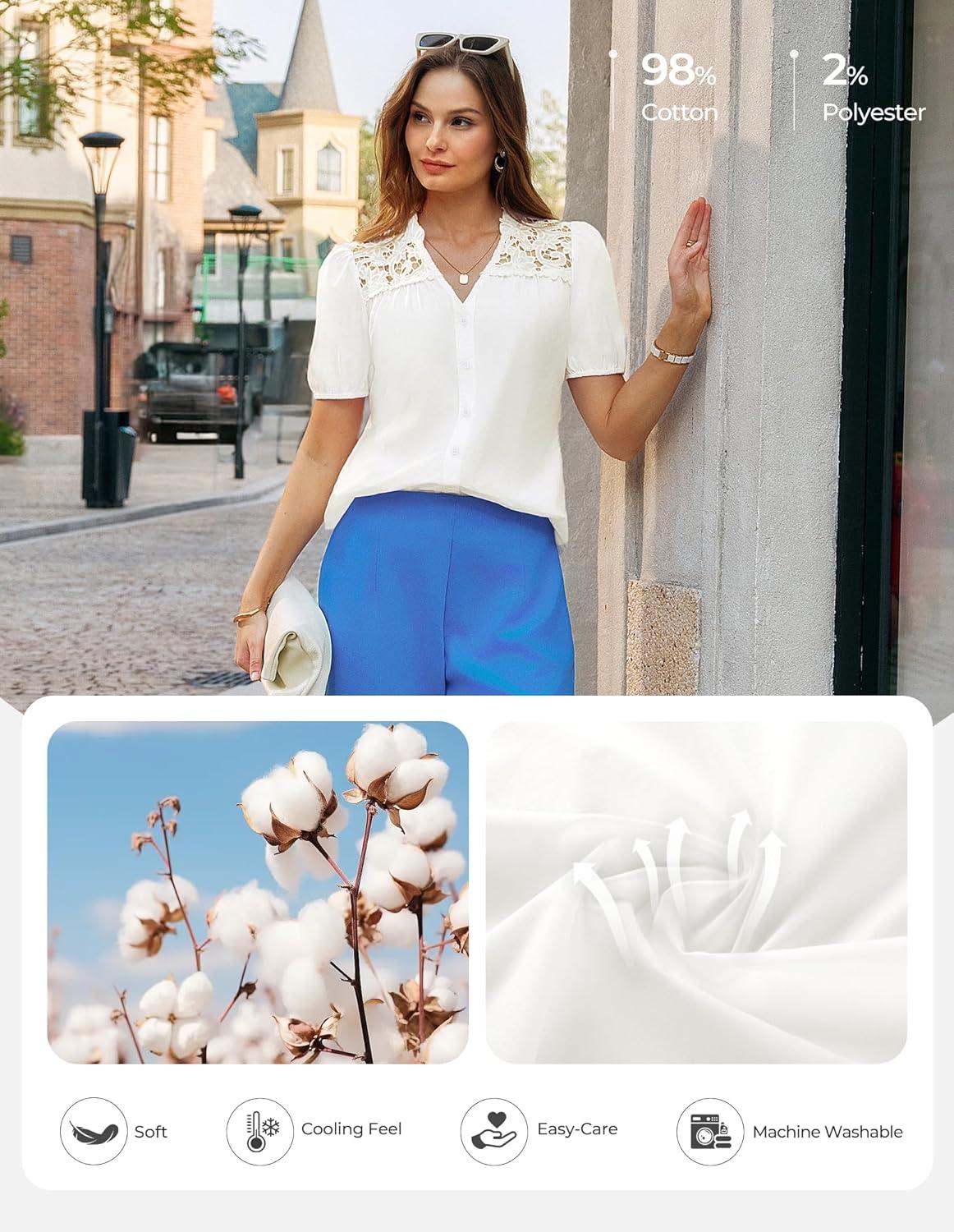 imageGRACE KARIN Womens 2026 Summer Casual Tops Dressy Short Sleeve Lace Shirts V Neck Button Down Work Blouses Outfits ShirtWhite