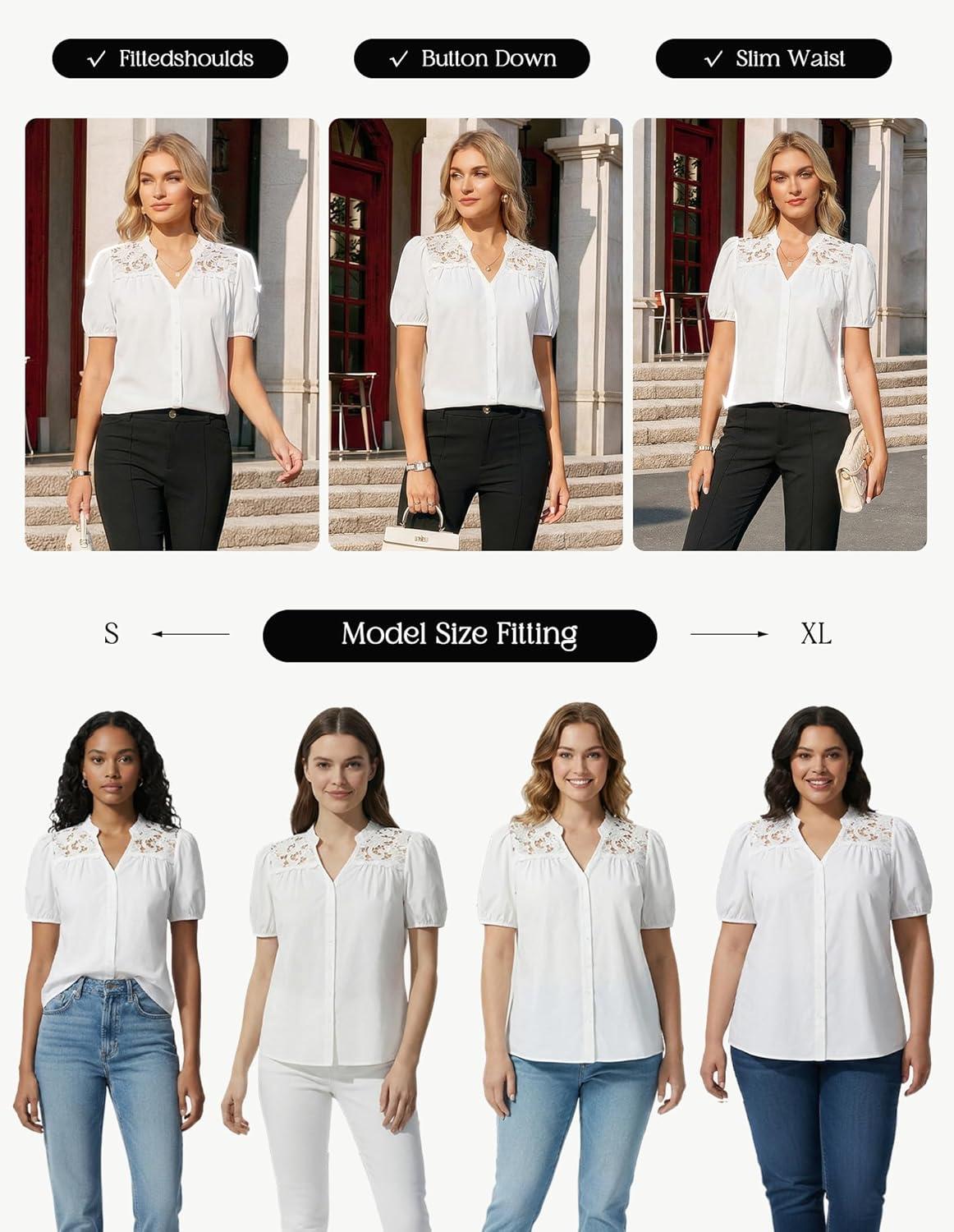 imageGRACE KARIN Womens 2026 Summer Casual Tops Dressy Short Sleeve Lace Shirts V Neck Button Down Work Blouses Outfits ShirtWhite