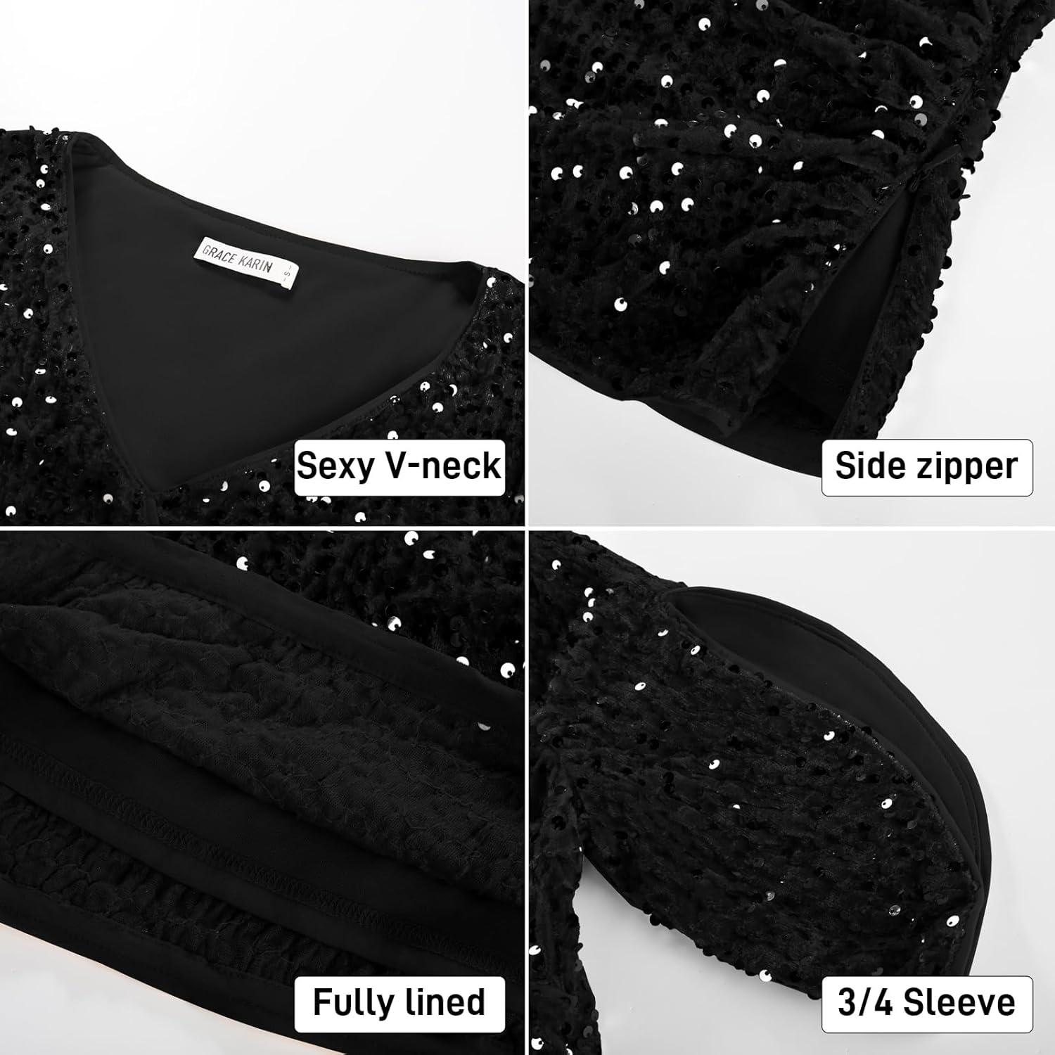 imageGRACE KARIN Womens 34 Length Sleeve Sequin Tops V Neck Velvet Ruched Blouses 2026 Glitter Trendy Party OutfitBlack