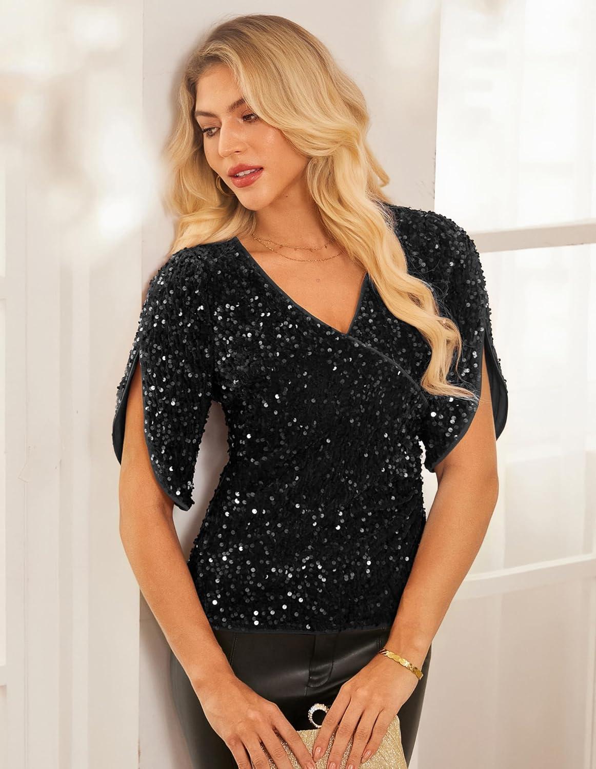imageGRACE KARIN Womens 34 Length Sleeve Sequin Tops V Neck Velvet Ruched Blouses 2026 Glitter Trendy Party OutfitBlack