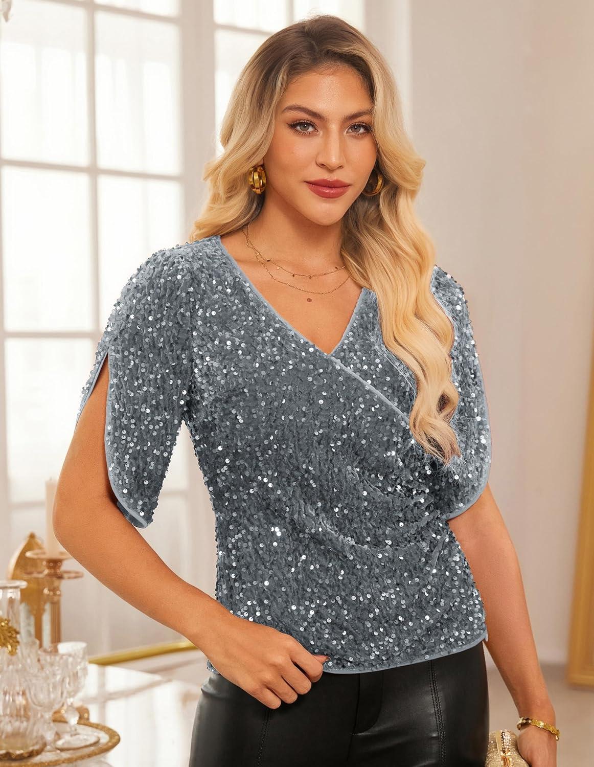 imageGRACE KARIN Womens 34 Length Sleeve Sequin Tops V Neck Velvet Ruched Blouses 2026 Glitter Trendy Party OutfitLight Gray