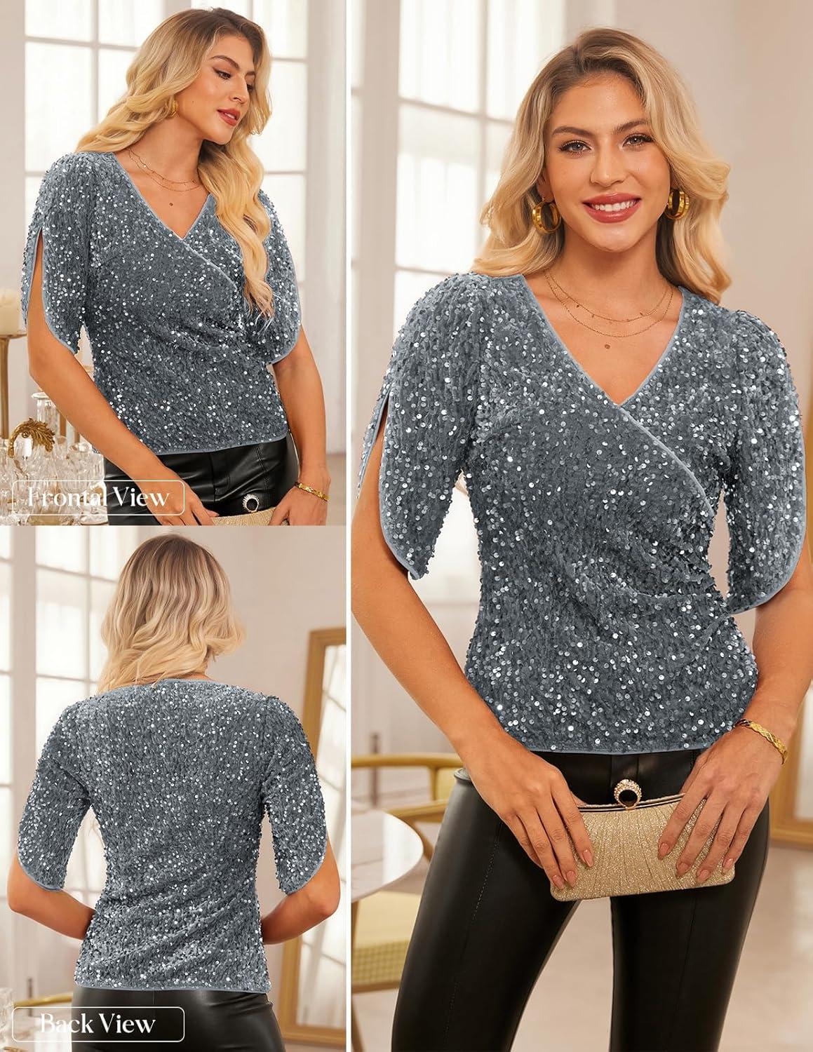 imageGRACE KARIN Womens 34 Length Sleeve Sequin Tops V Neck Velvet Ruched Blouses 2026 Glitter Trendy Party OutfitLight Gray