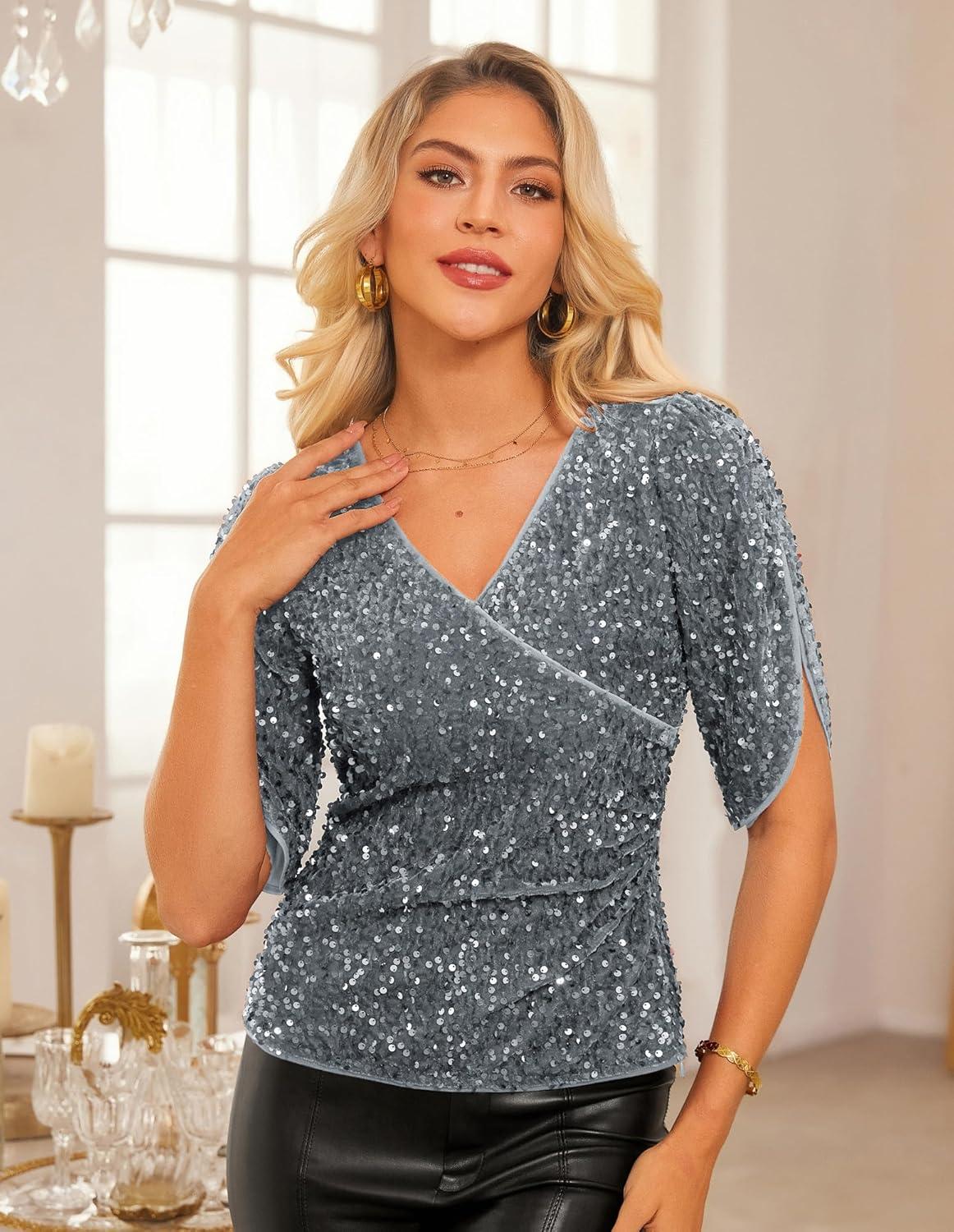 imageGRACE KARIN Womens 34 Length Sleeve Sequin Tops V Neck Velvet Ruched Blouses 2026 Glitter Trendy Party OutfitLight Gray