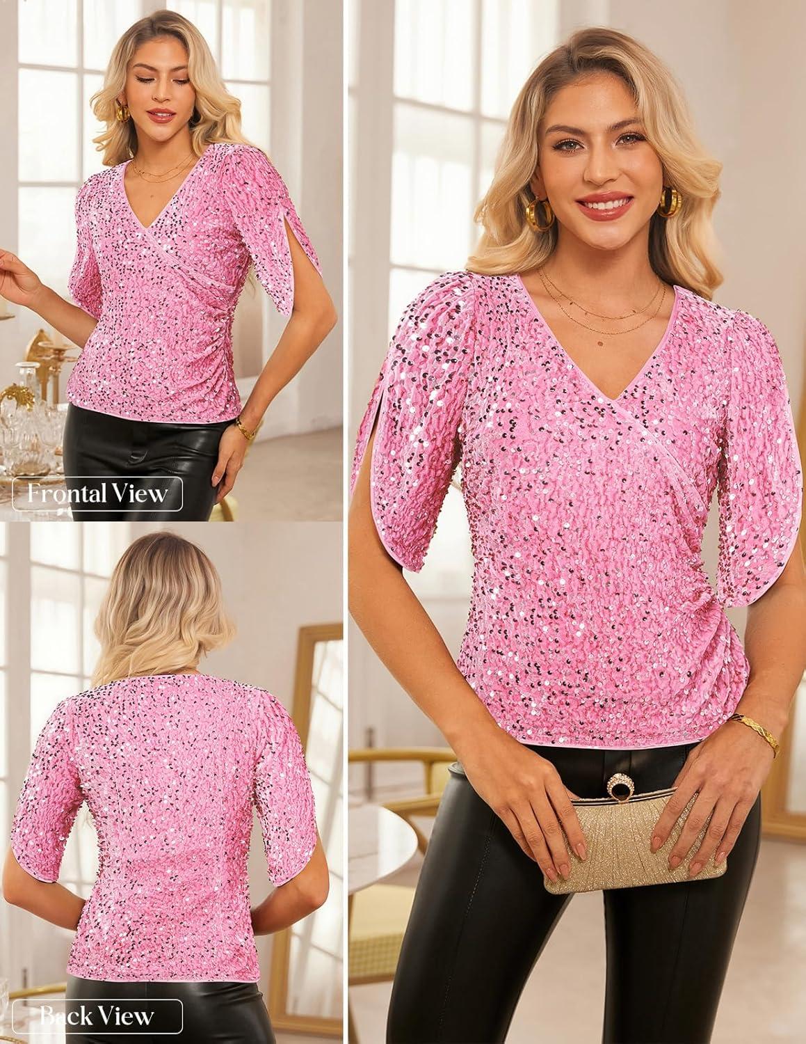 imageGRACE KARIN Womens 34 Length Sleeve Sequin Tops V Neck Velvet Ruched Blouses 2026 Glitter Trendy Party OutfitPink