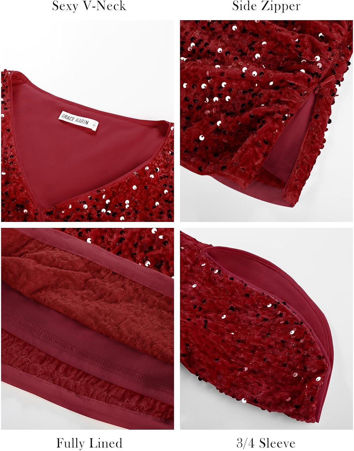 imageGRACE KARIN Womens 34 Length Sleeve Sequin Tops V Neck Velvet Ruched Blouses 2026 Glitter Trendy Party OutfitRed