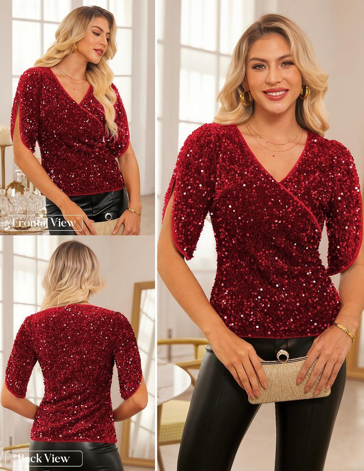 imageGRACE KARIN Womens 34 Length Sleeve Sequin Tops V Neck Velvet Ruched Blouses 2026 Glitter Trendy Party OutfitRed