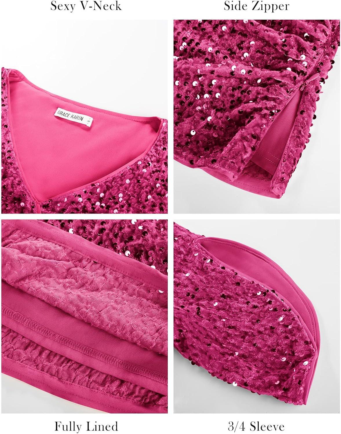 imageGRACE KARIN Womens 34 Length Sleeve Sequin Tops V Neck Velvet Ruched Blouses 2026 Glitter Trendy Party OutfitRose Red