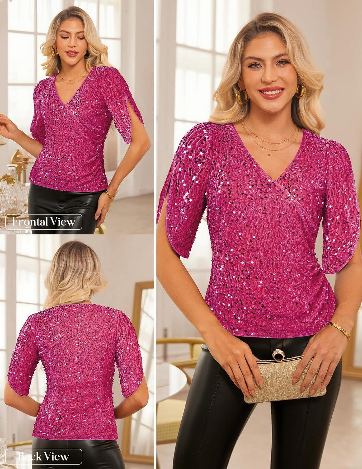 imageGRACE KARIN Womens 34 Length Sleeve Sequin Tops V Neck Velvet Ruched Blouses 2026 Glitter Trendy Party OutfitRose Red
