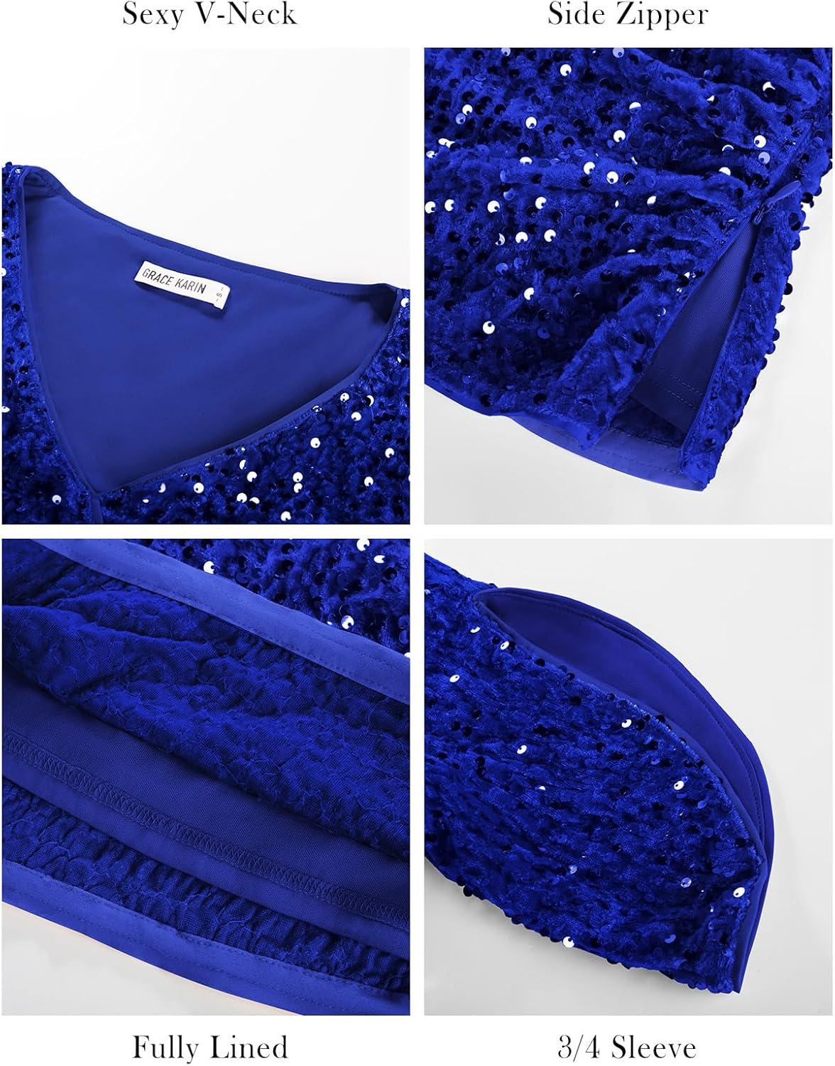 imageGRACE KARIN Womens 34 Length Sleeve Sequin Tops V Neck Velvet Ruched Blouses 2026 Glitter Trendy Party OutfitRoyal Blue