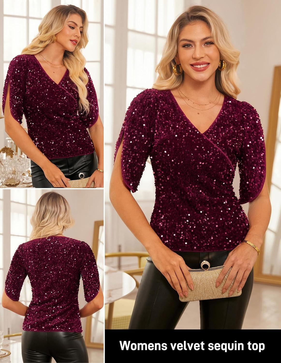 imageGRACE KARIN Womens 34 Length Sleeve Sequin Tops V Neck Velvet Ruched Blouses 2026 Glitter Trendy Party OutfitWine Red