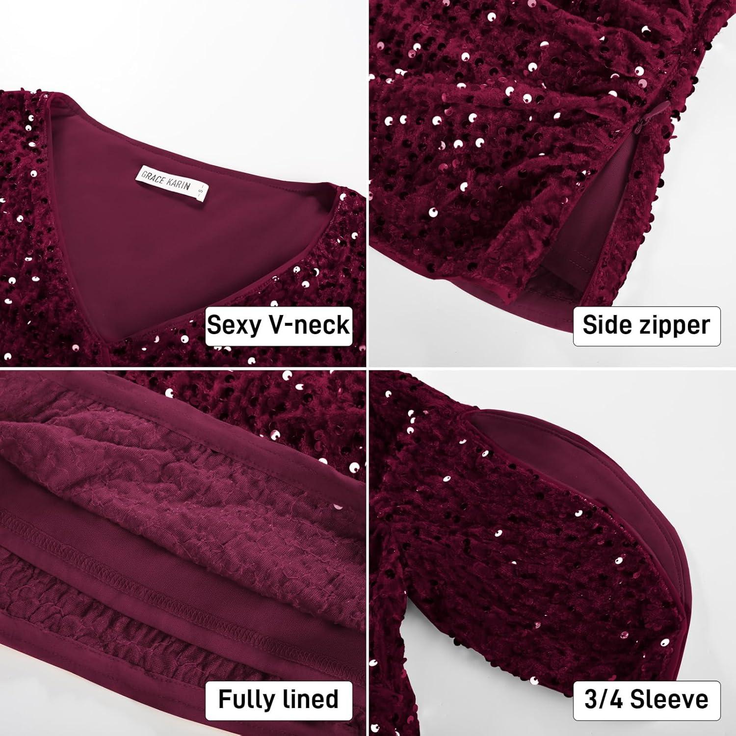 imageGRACE KARIN Womens 34 Length Sleeve Sequin Tops V Neck Velvet Ruched Blouses 2026 Glitter Trendy Party OutfitWine Red