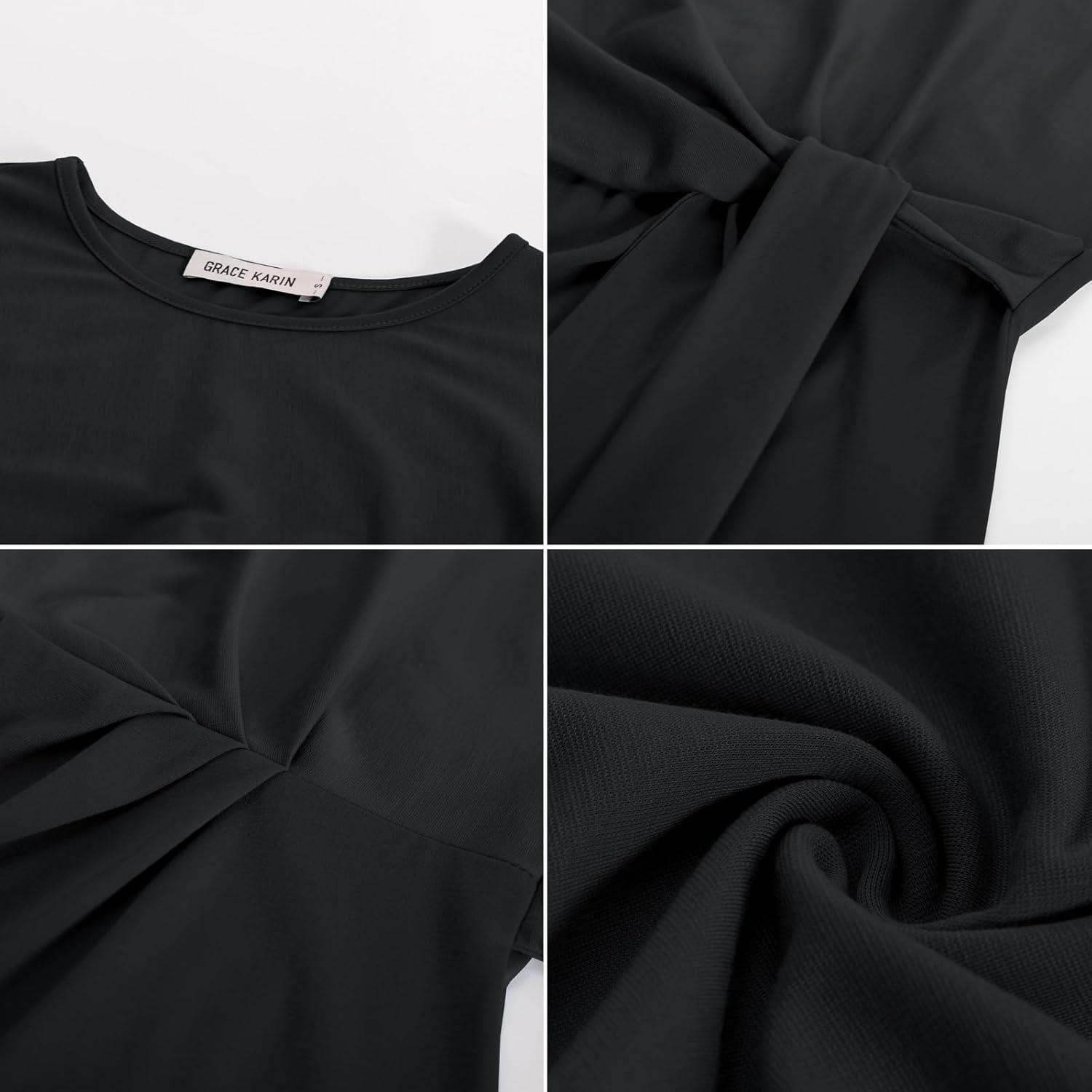 imageGRACE KARIN Womens Cap Sleeve Tops 2025 Summer Tie Waist Crew Neck Elegant Blouse Dressy Casual Work Business ShirtsBlack