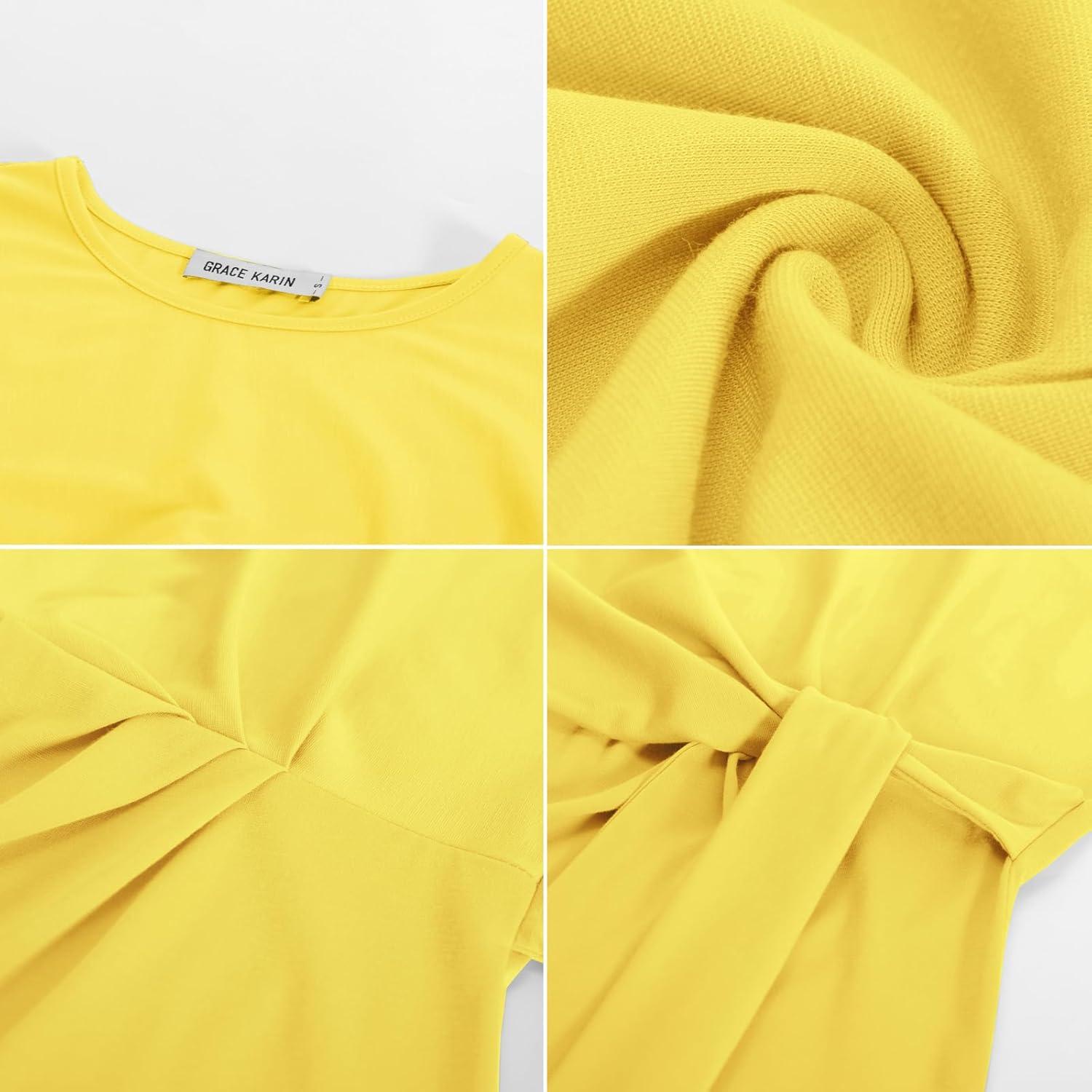 imageGRACE KARIN Womens Cap Sleeve Tops 2025 Summer Tie Waist Crew Neck Elegant Blouse Dressy Casual Work Business ShirtsBright Yellow